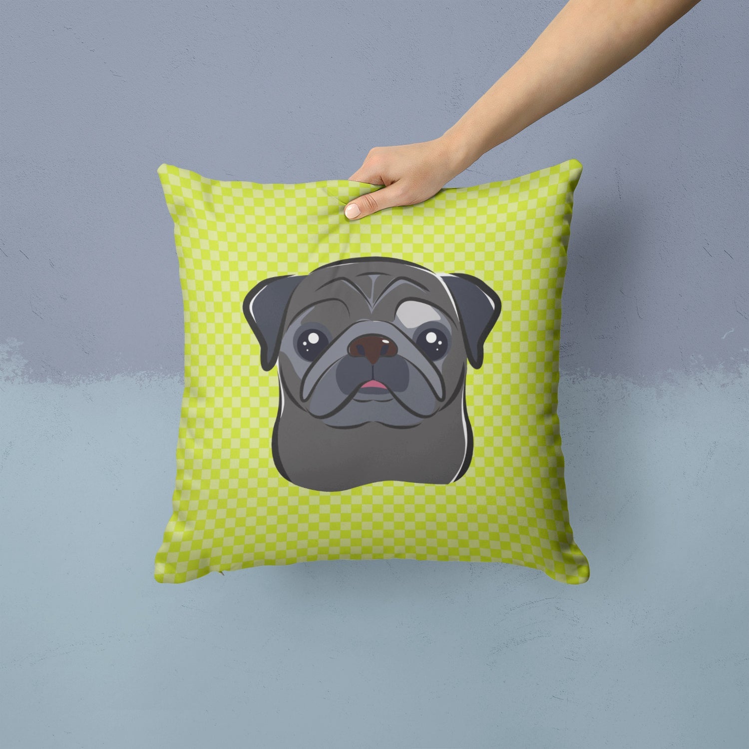 Checkerboard Lime Green Black Pug Decorative Throw Pillow 14x14 Indoor Outdoor Accent Cushion, Fabric Cover with Insert for Sofa, Bed, Porch & Living Room
