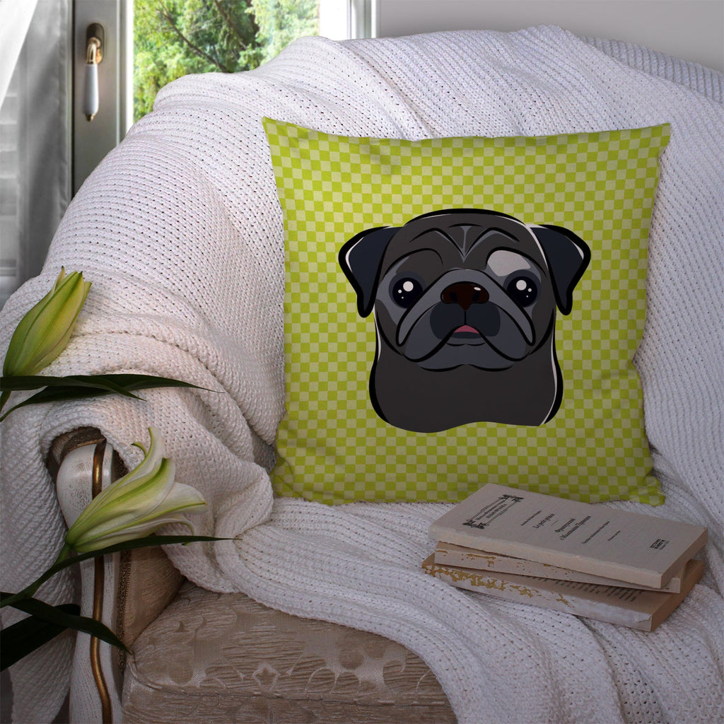 Checkerboard Lime Green Black Pug Decorative Throw Pillow 14x14 Indoor Outdoor Accent Cushion, Fabric Cover with Insert for Sofa, Bed, Porch & Living Room