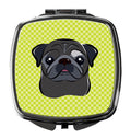Checkerboard Lime Green Black Pug Compact Mirror Decorative Travel Makeup Mirror for Women Girls Gifts Pocket Makeup Mirror Folding Handheld