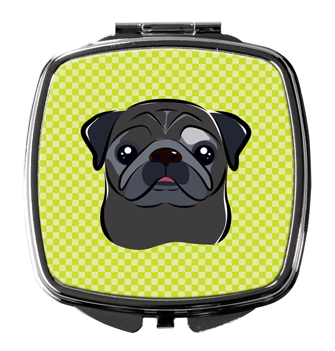 Checkerboard Lime Green Black Pug Compact Mirror Decorative Travel Makeup Mirror for Women Girls Gifts Pocket Makeup Mirror Folding Handheld