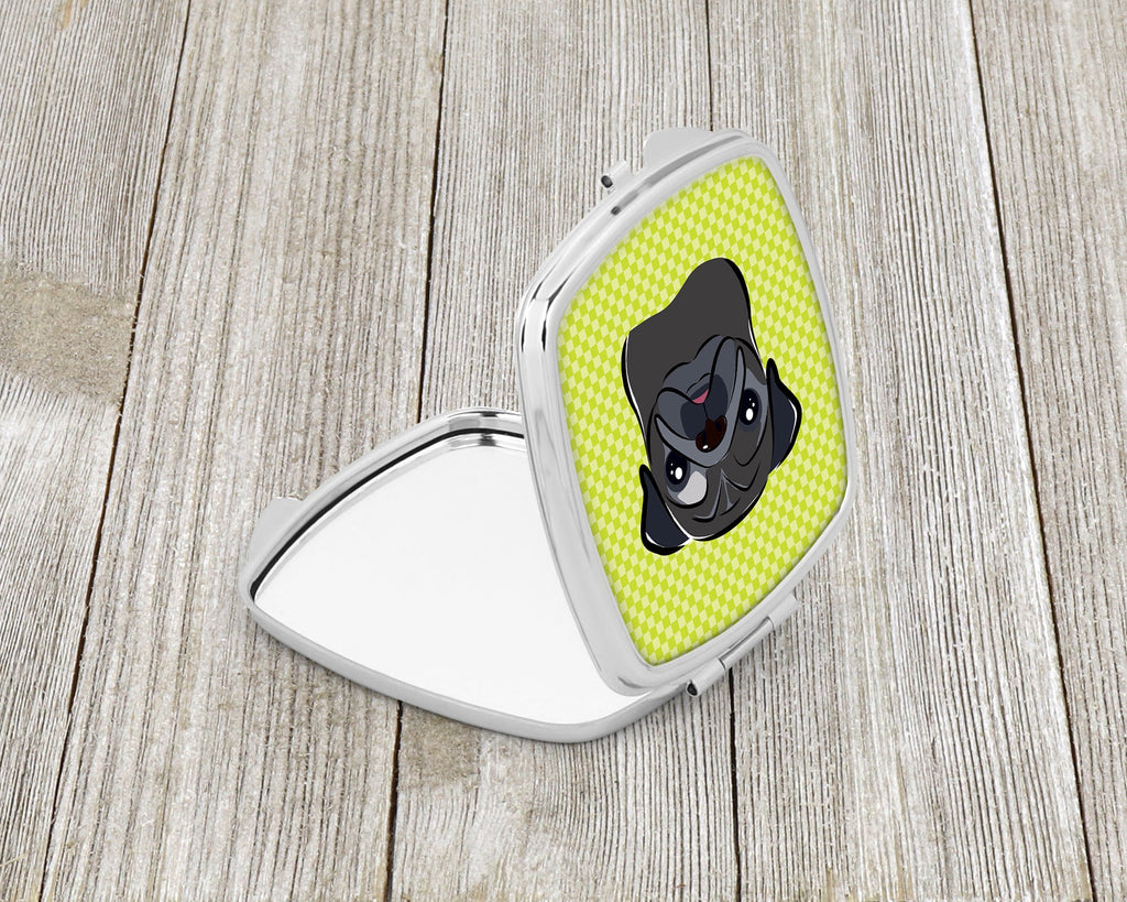 Checkerboard Lime Green Black Pug Compact Mirror Decorative Travel Makeup Mirror for Women Girls Gifts Pocket Makeup Mirror Folding Handheld
