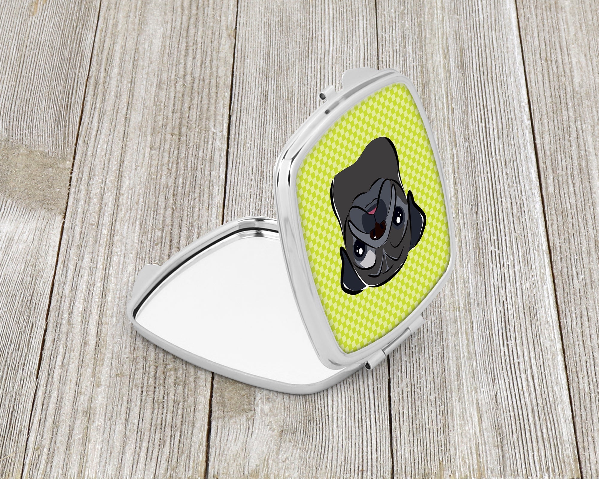 Checkerboard Lime Green Black Pug Compact Mirror Decorative Travel Makeup Mirror for Women Girls Gifts Pocket Makeup Mirror Folding Handheld