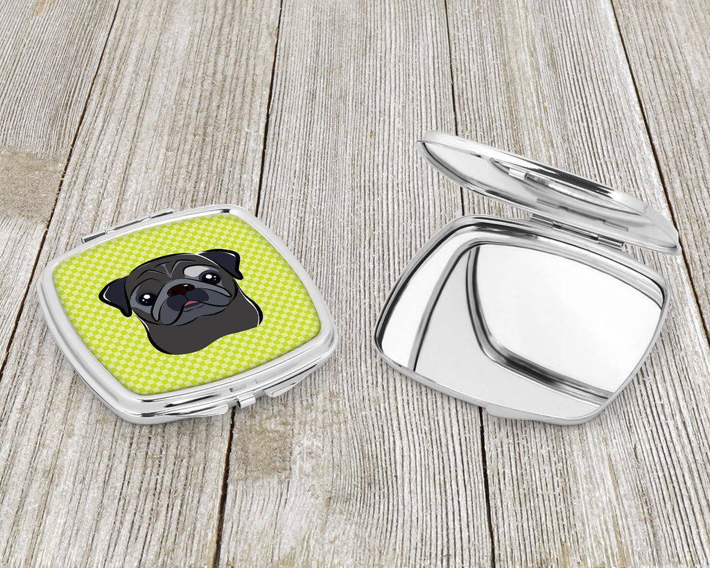 Checkerboard Lime Green Black Pug Compact Mirror Decorative Travel Makeup Mirror for Women Girls Gifts Pocket Makeup Mirror Folding Handheld