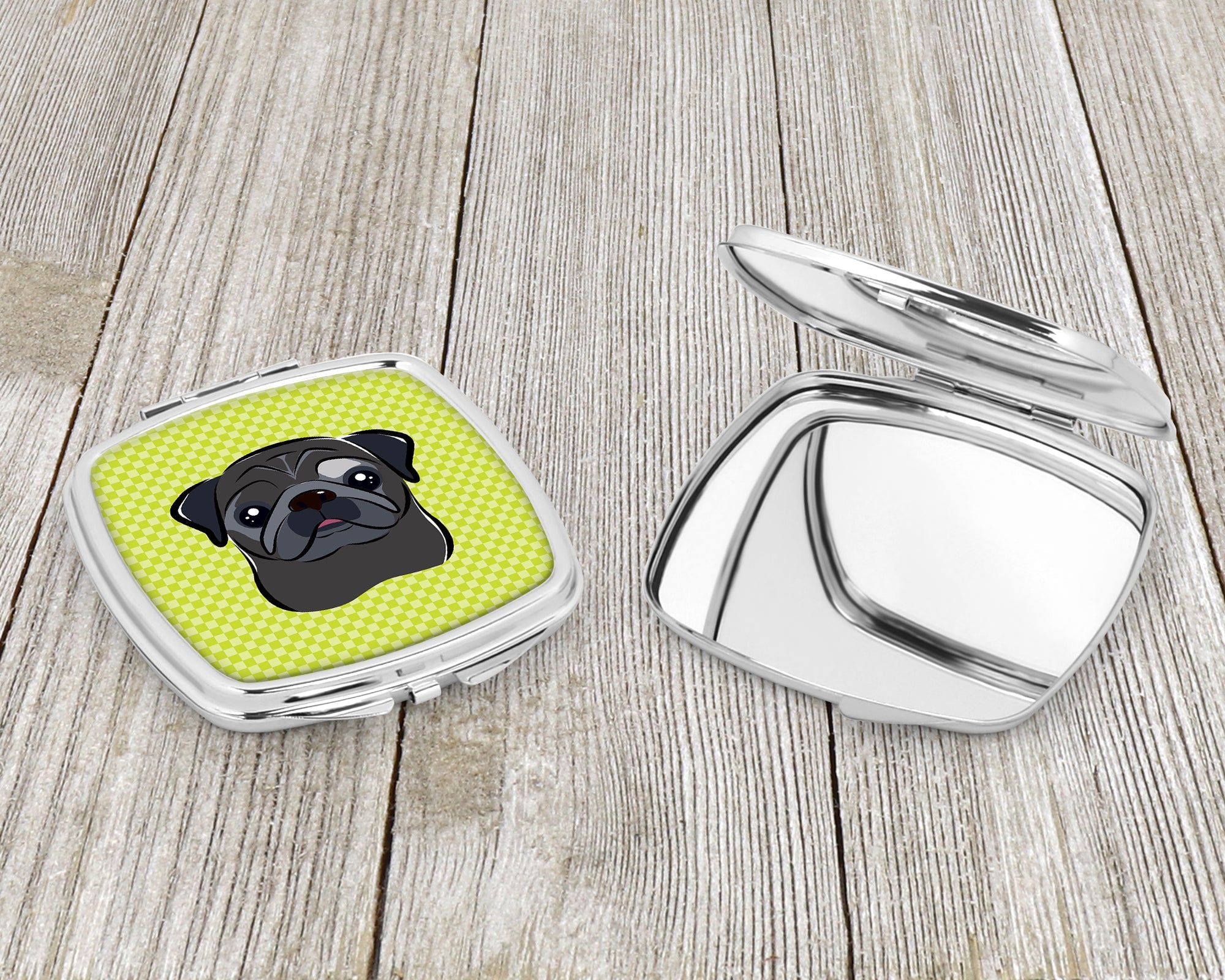 Checkerboard Lime Green Black Pug Compact Mirror Decorative Travel Makeup Mirror for Women Girls Gifts Pocket Makeup Mirror Folding Handheld