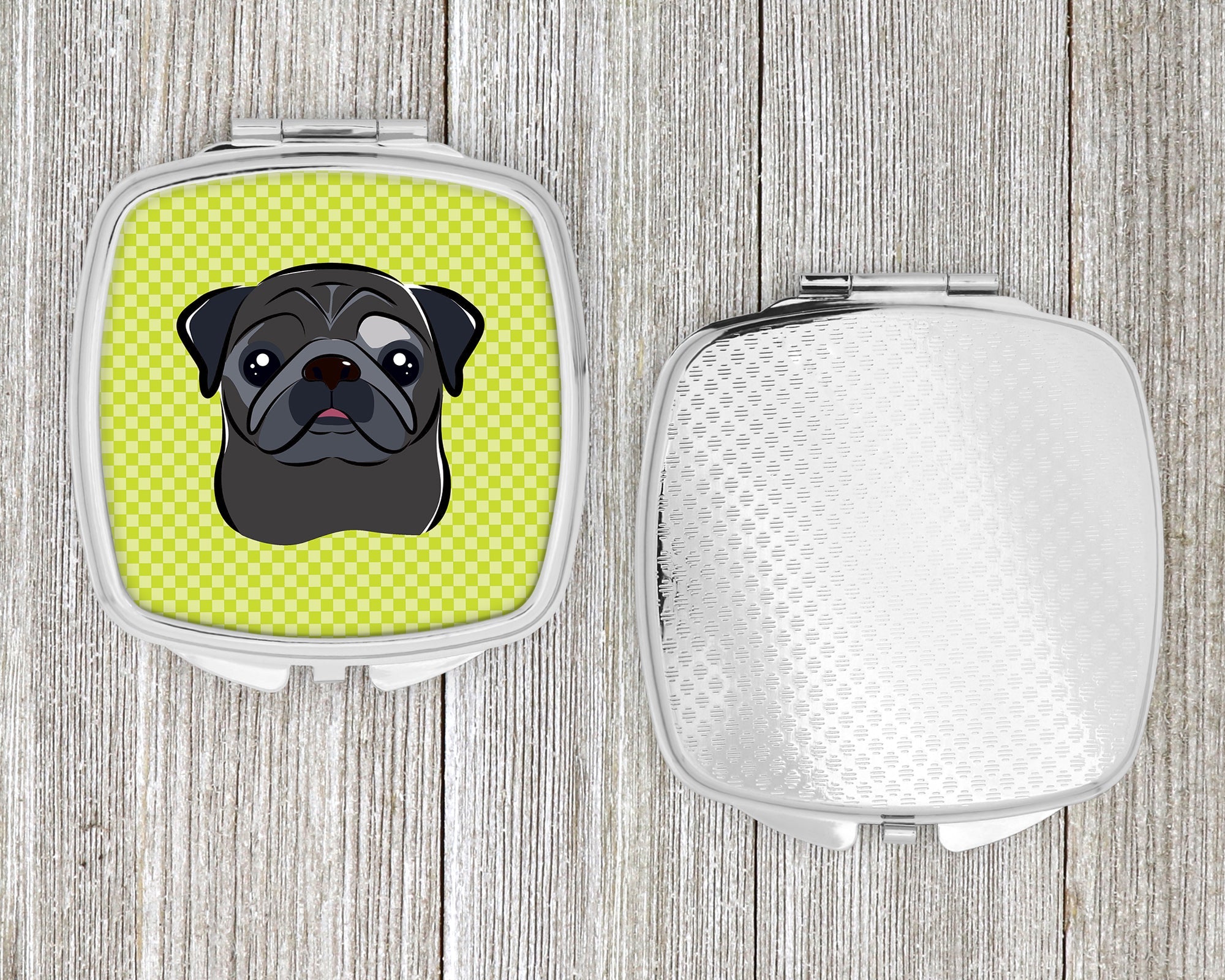 Checkerboard Lime Green Black Pug Compact Mirror Decorative Travel Makeup Mirror for Women Girls Gifts Pocket Makeup Mirror Folding Handheld