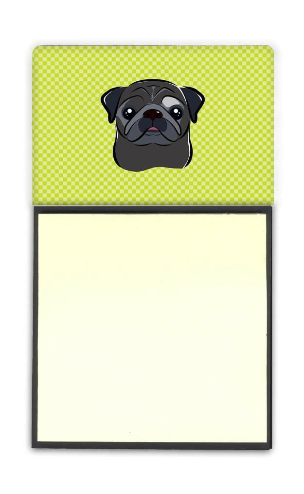 Checkerboard Lime Green Black Pug Watercolor Sticky Note Holder Refillable Dispenser Desk Accessory 3x3 Pad Gift