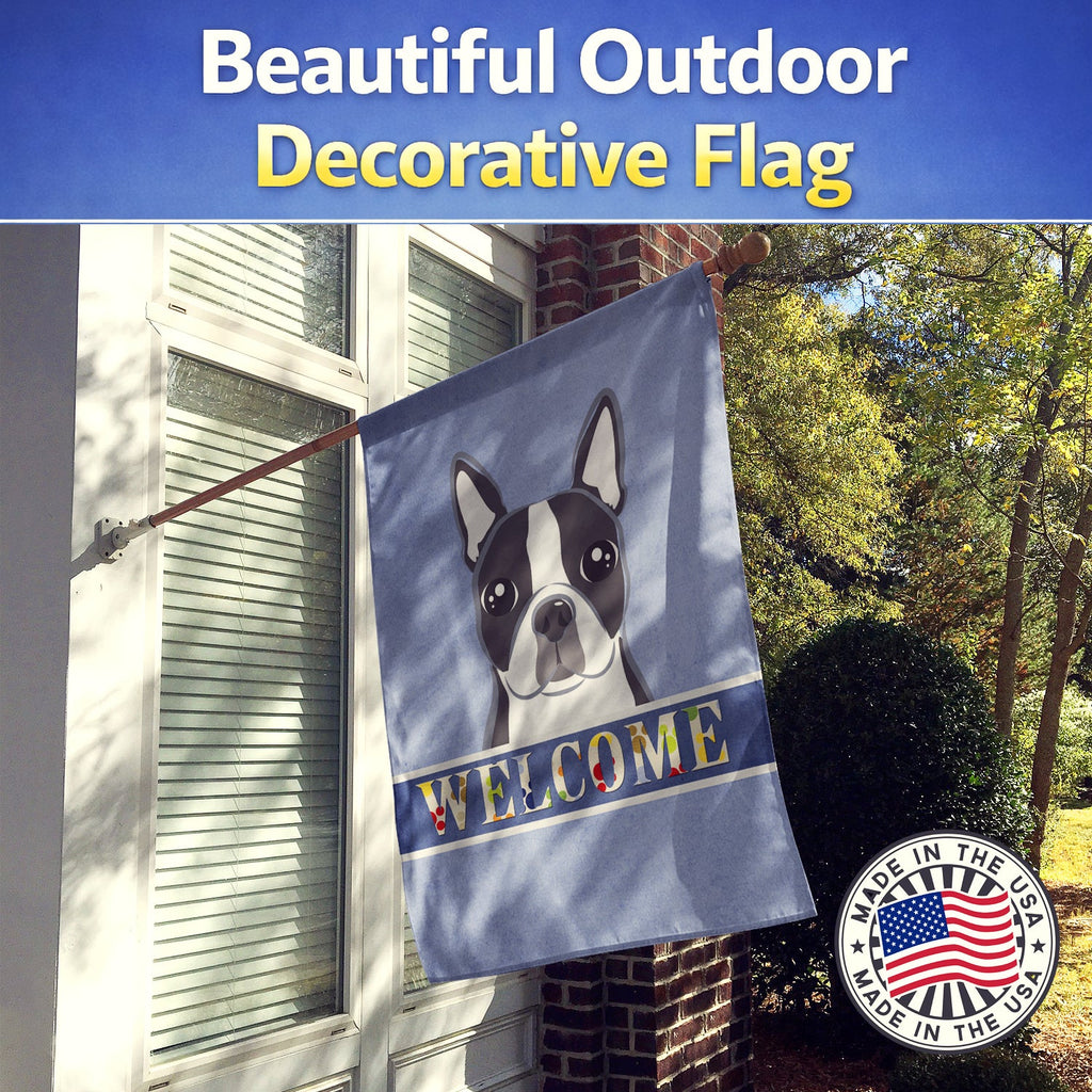 Boston Terrier Welcome House Flag 28x40 Porch Sleeve Pole Decorative Outside Yard Banner Artwork Wall Hanging, Polyester