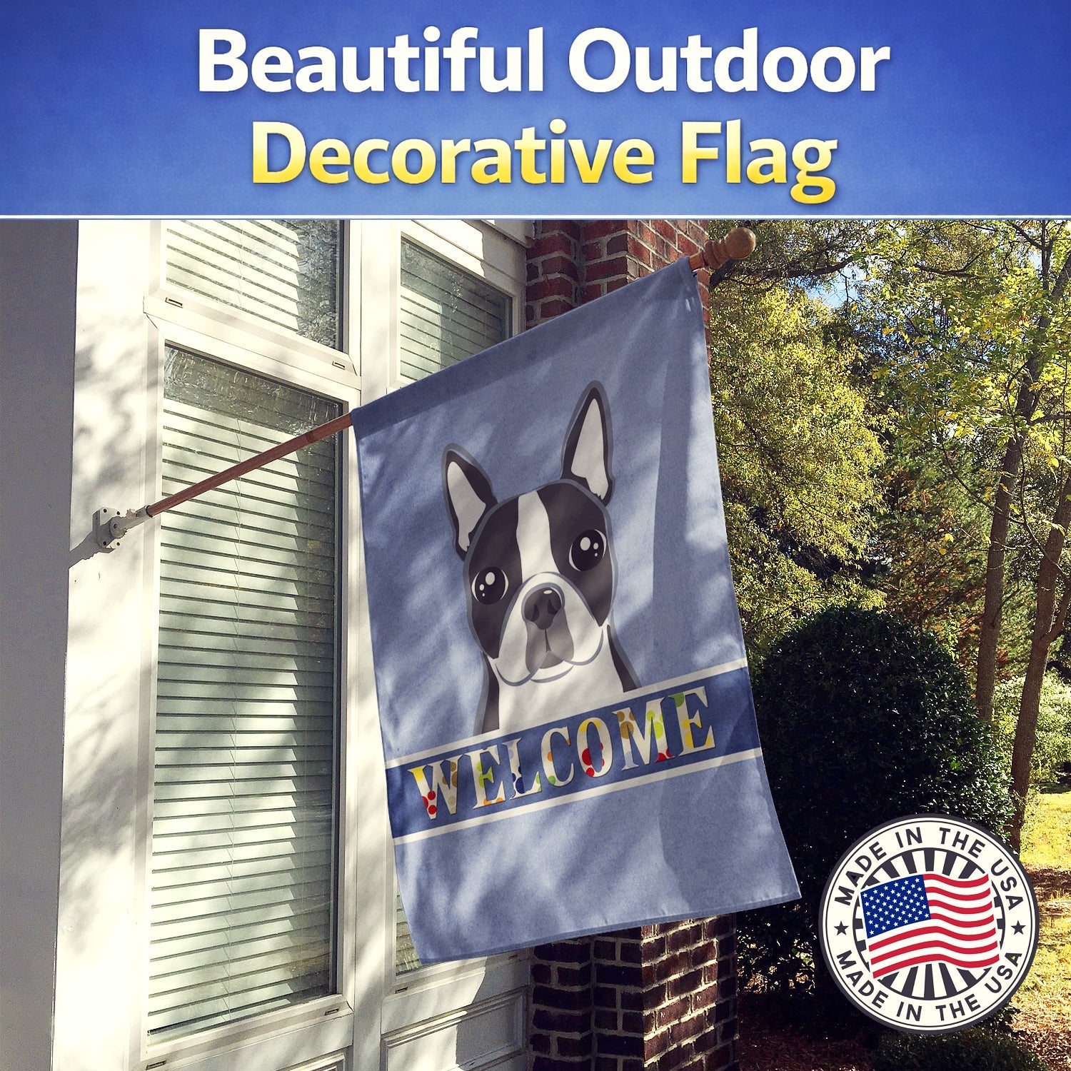 Boston Terrier Welcome House Flag 28x40 Porch Sleeve Pole Decorative Outside Yard Banner Artwork Wall Hanging, Polyester