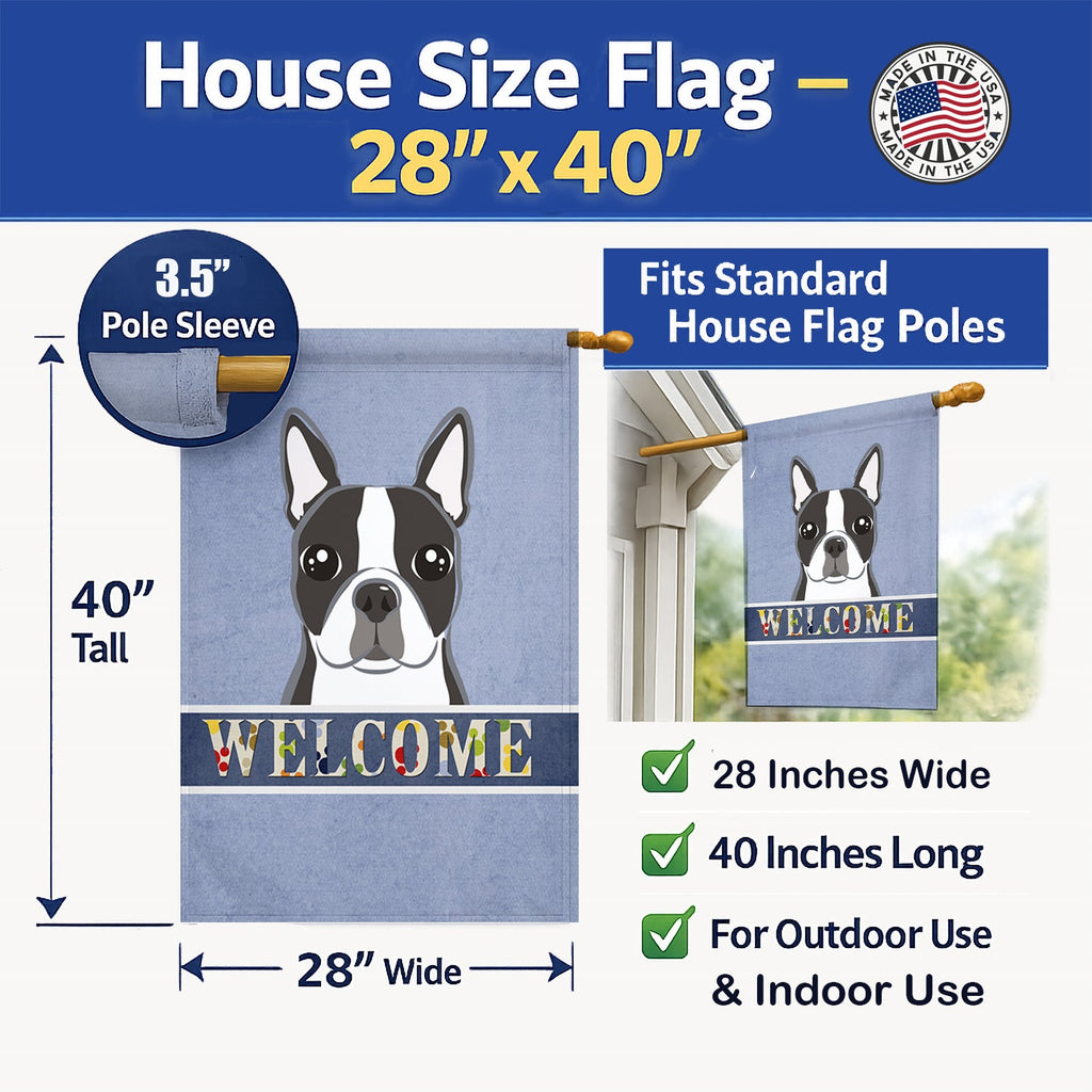 Boston Terrier Welcome House Flag 28x40 Porch Sleeve Pole Decorative Outside Yard Banner Artwork Wall Hanging, Polyester