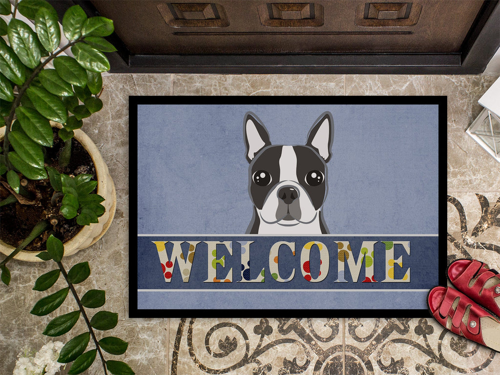 Boston Terrier Welcome Doormat Indoor Outdoor 24H X 36W Front Door Mat Rugs for Entryway, Non Slip Washable Low Pile,