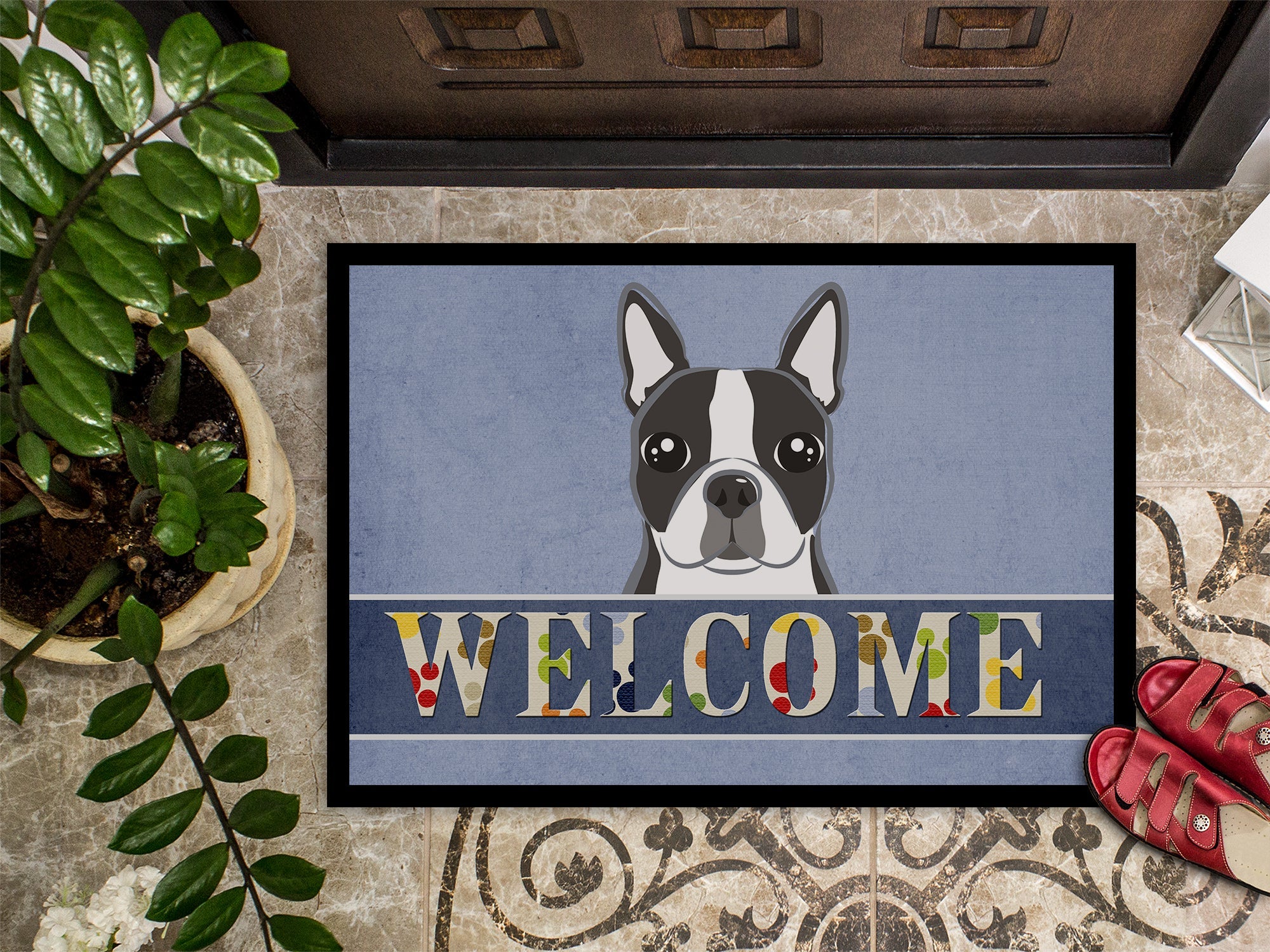 Boston Terrier Welcome Doormat Indoor Outdoor 24H X 36W Front Door Mat Rugs for Entryway, Non Slip Washable Low Pile,