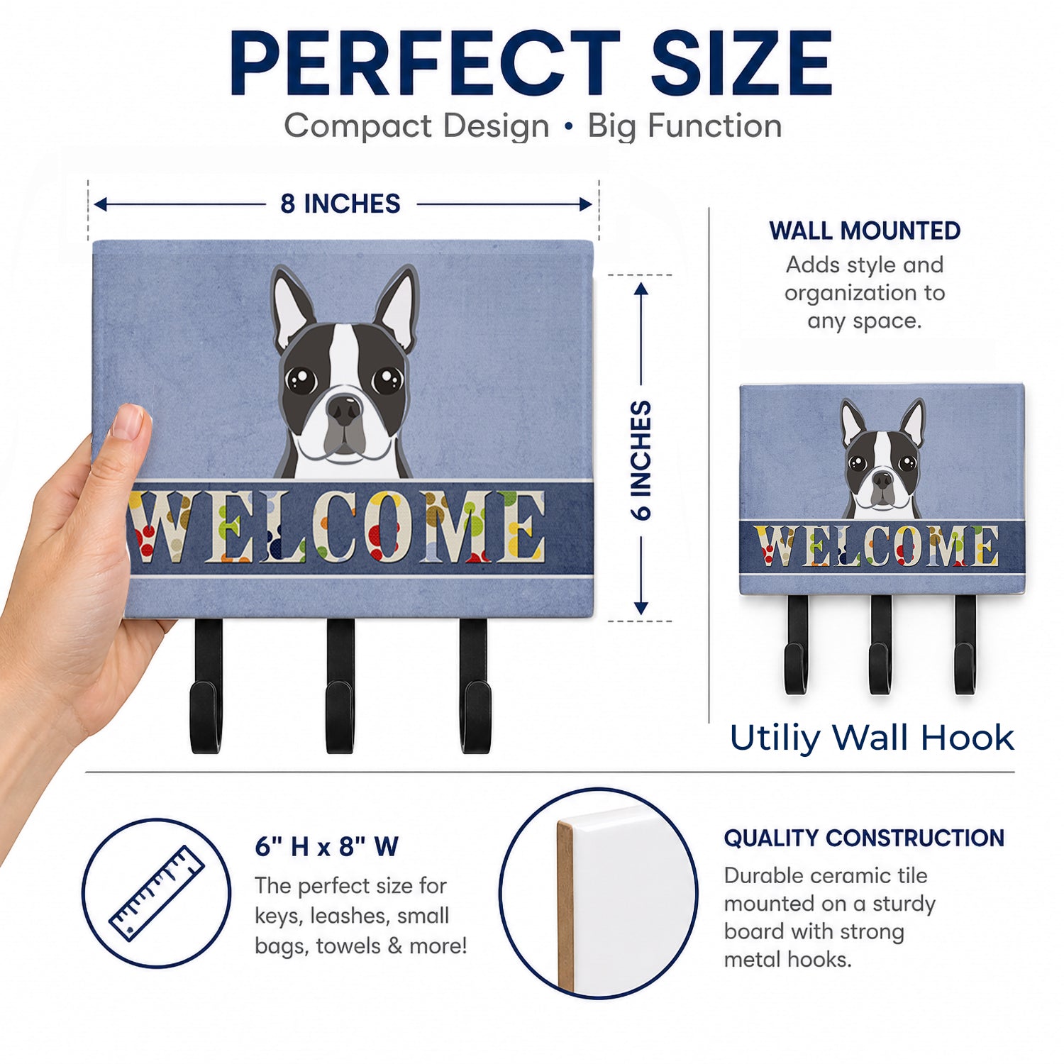 Boston Terrier Welcome Leash or Key Holder Wall Hooks, Coat Rack Wall Mount, for Hanging Keys, Towels, Aprons, Leashes
