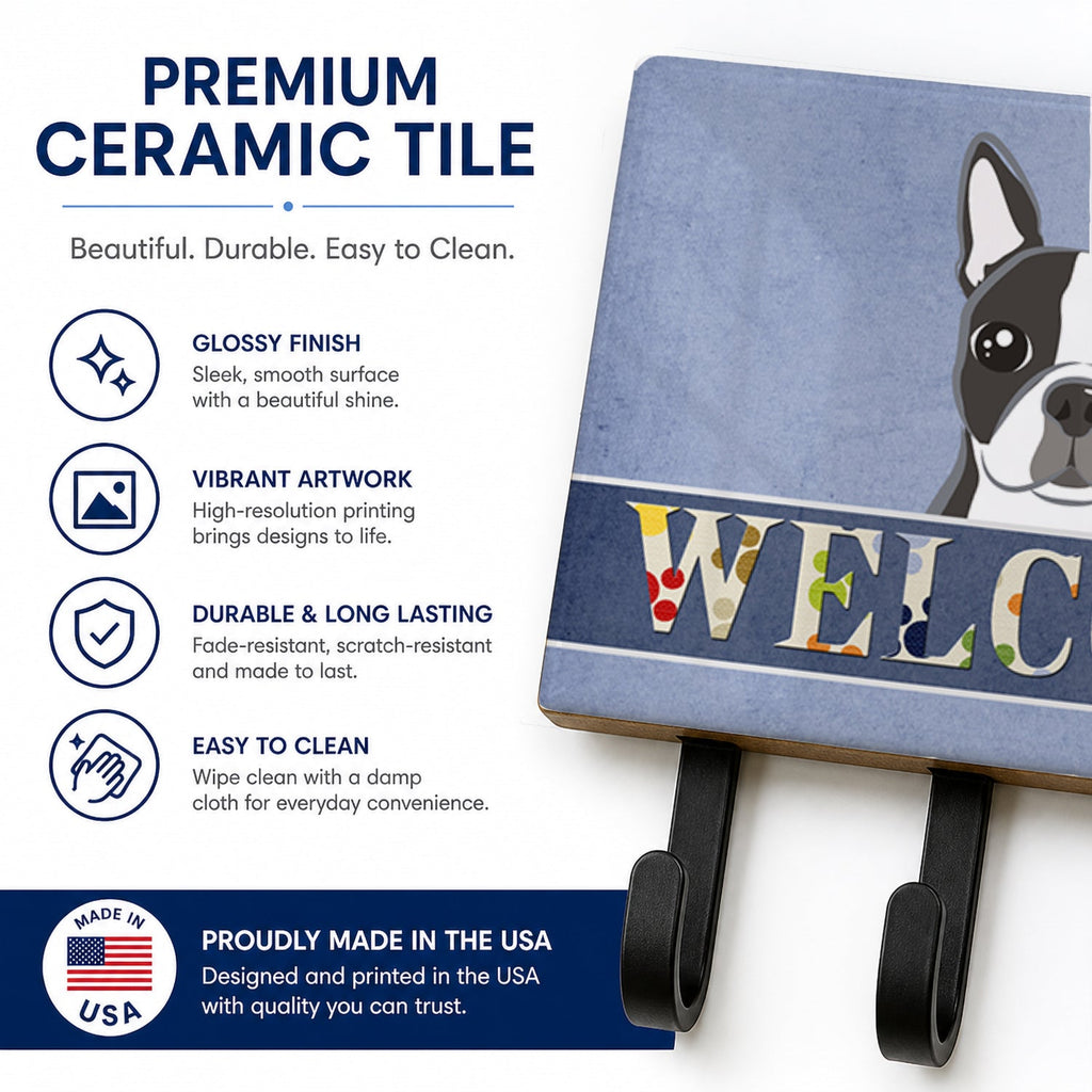 Boston Terrier Welcome Leash or Key Holder Wall Hooks, Coat Rack Wall Mount, for Hanging Keys, Towels, Aprons, Leashes