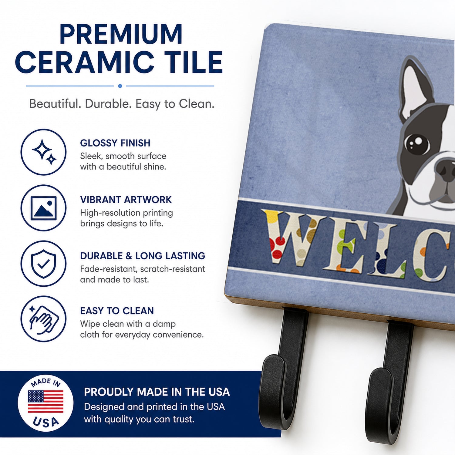 Boston Terrier Welcome Leash or Key Holder Wall Hooks, Coat Rack Wall Mount, for Hanging Keys, Towels, Aprons, Leashes