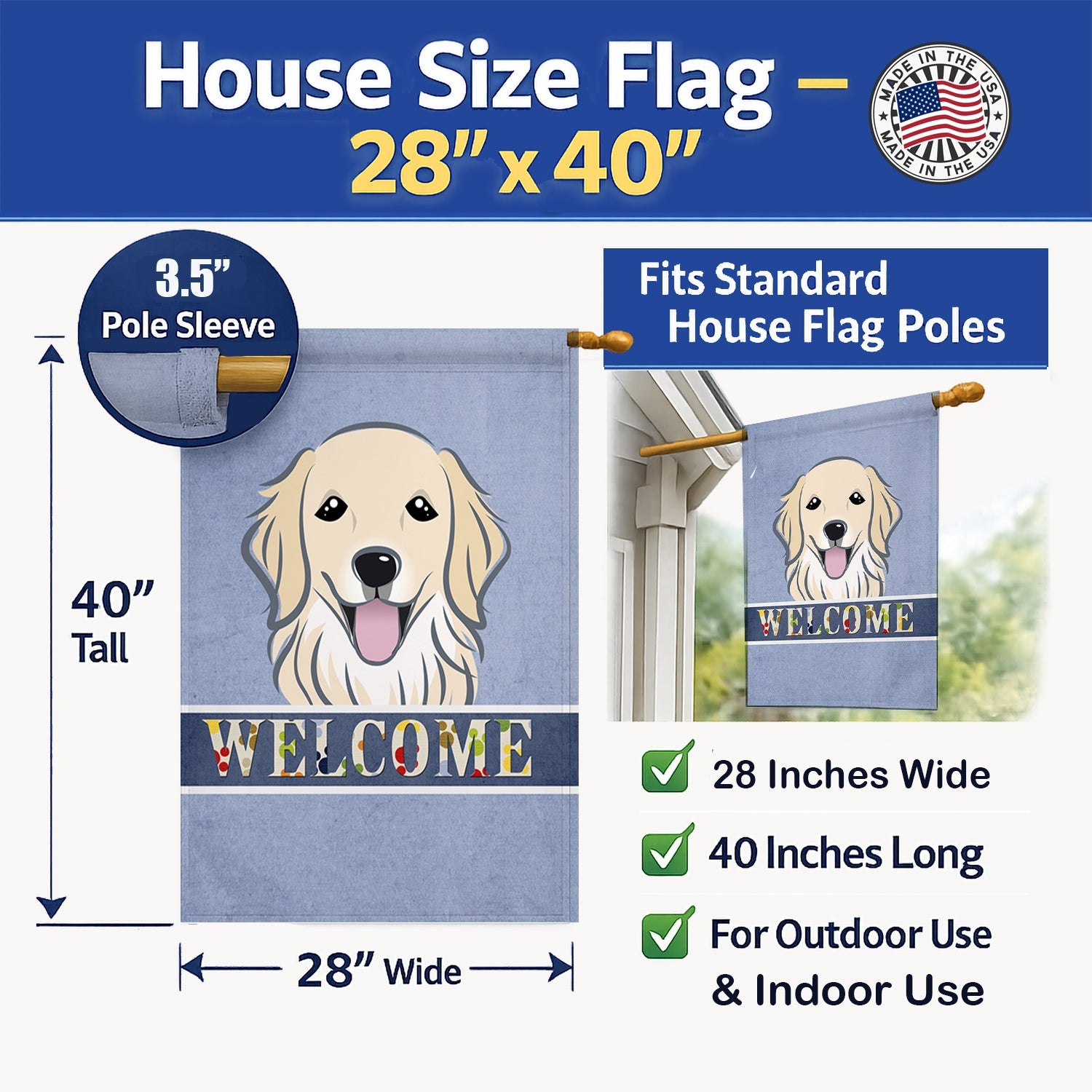 Golden Retriever Welcome House Flag 28x40 Porch Sleeve Pole Decorative Outside Yard Banner Artwork Wall Hanging, Polyester
