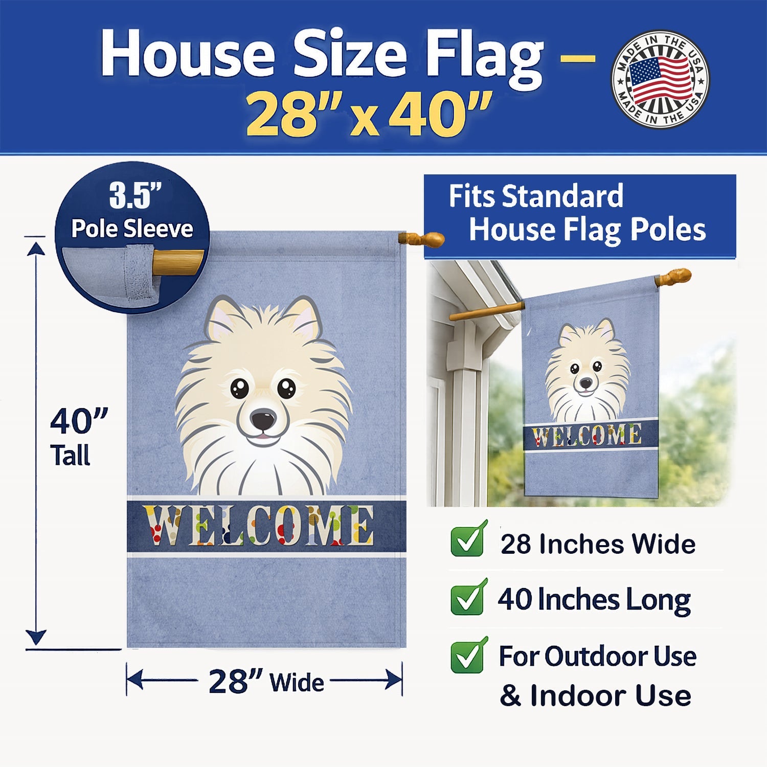 Pomeranian Welcome House Flag 28x40 Porch Sleeve Pole Decorative Outside Yard Banner Artwork Wall Hanging, Polyester
