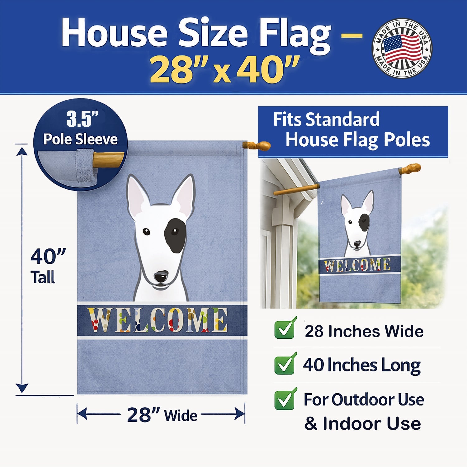 Bull Terrier Welcome House Flag 28x40 Porch Sleeve Pole Decorative Outside Yard Banner Artwork Wall Hanging, Polyester