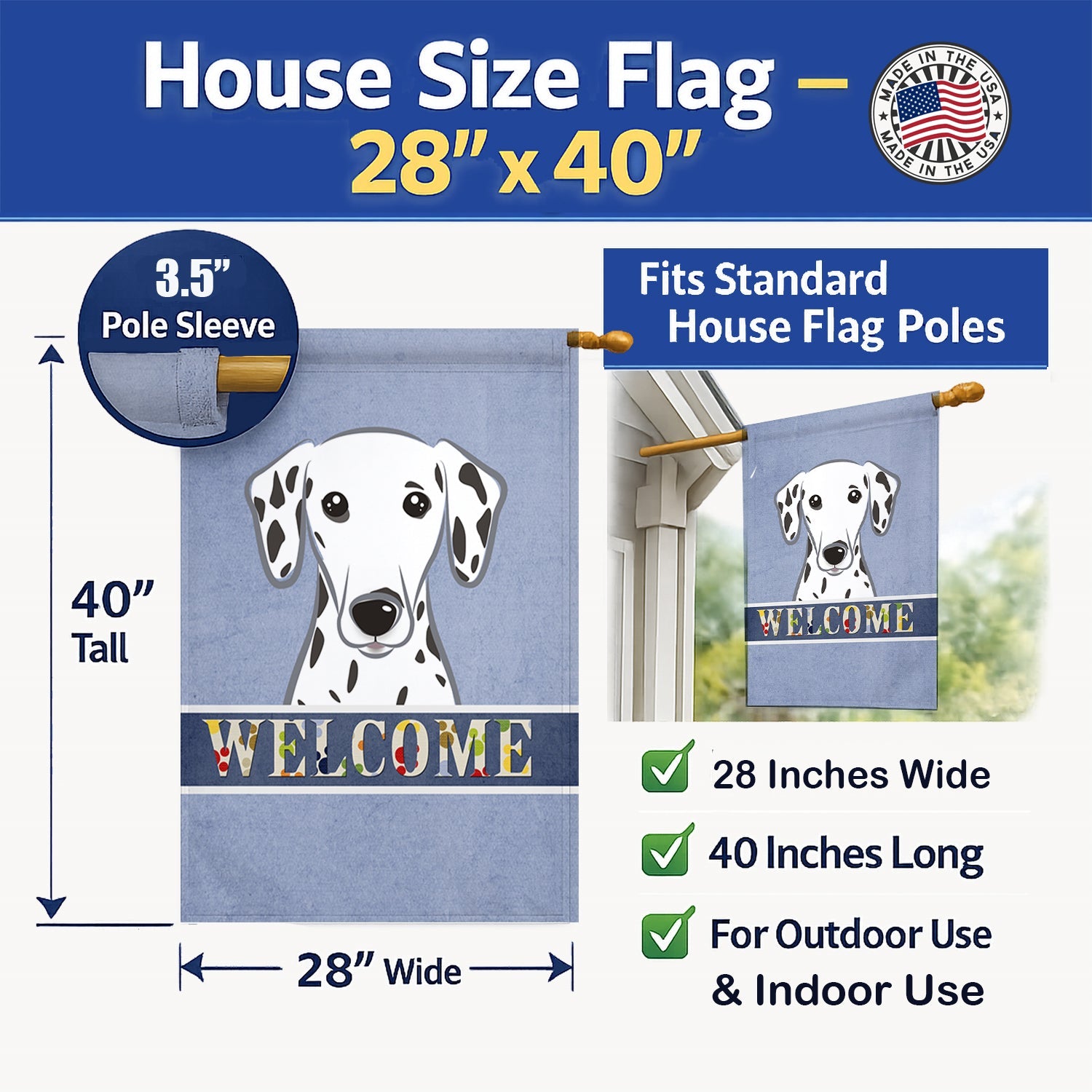 Dalmatian Welcome House Flag 28x40 Porch Sleeve Pole Decorative Outside Yard Banner Artwork Wall Hanging, Polyester