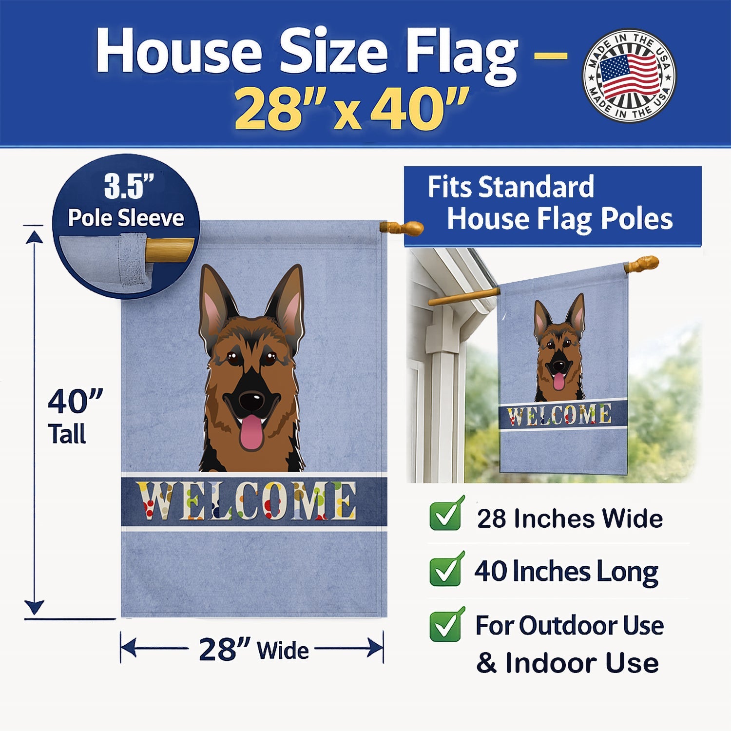 German Shepherd Welcome House Flag 28x40 Porch Sleeve Pole Decorative Outside Yard Banner Artwork Wall Hanging, Polyester