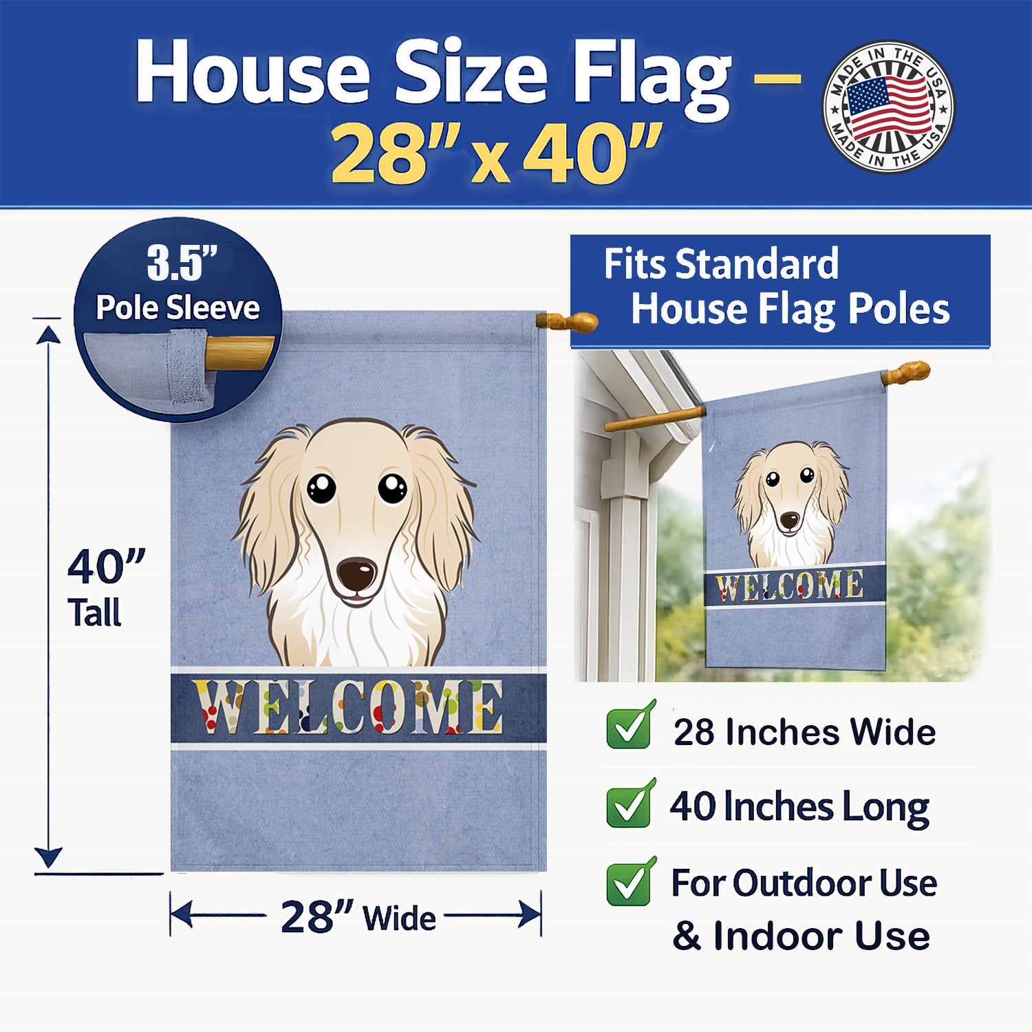 Longhair Creme Dachshund Welcome House Flag 28x40 Porch Sleeve Pole Decorative Outside Yard Banner Artwork Wall Hanging, Polyester