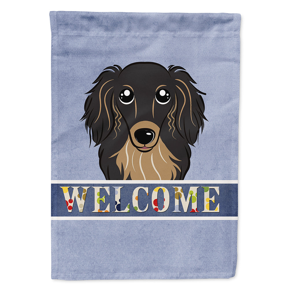 Longhair Black and Tan Dachshund Welcome House Flag 28x40 Porch Sleeve Pole Decorative Outside Yard Banner Artwork Wall Hanging, Polyester