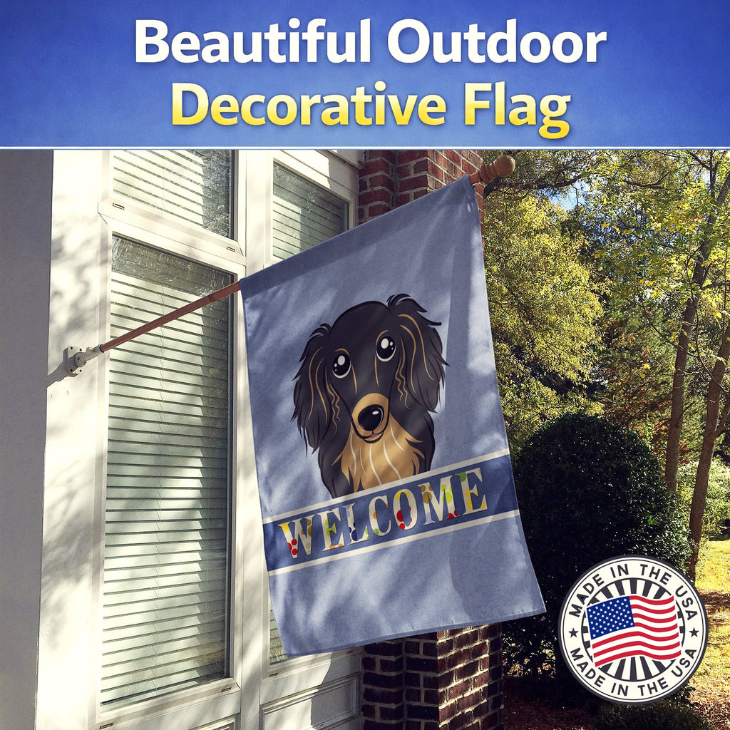 Longhair Black and Tan Dachshund Welcome House Flag 28x40 Porch Sleeve Pole Decorative Outside Yard Banner Artwork Wall Hanging, Polyester