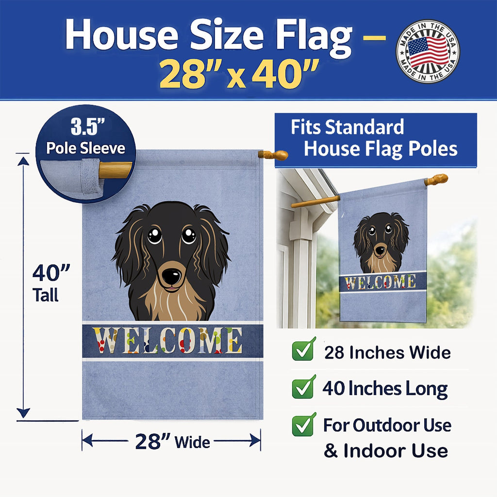Longhair Black and Tan Dachshund Welcome House Flag 28x40 Porch Sleeve Pole Decorative Outside Yard Banner Artwork Wall Hanging, Polyester
