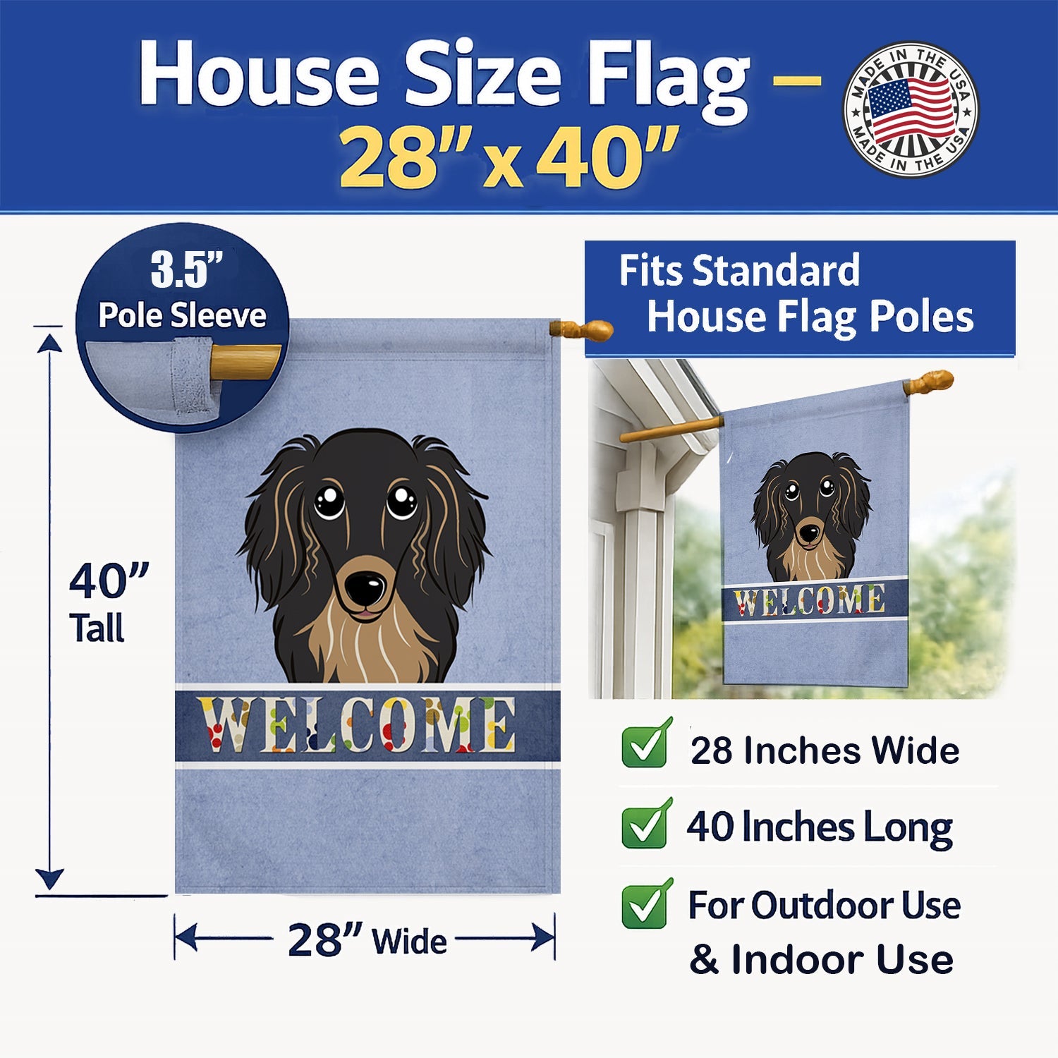 Longhair Black and Tan Dachshund Welcome House Flag 28x40 Porch Sleeve Pole Decorative Outside Yard Banner Artwork Wall Hanging, Polyester