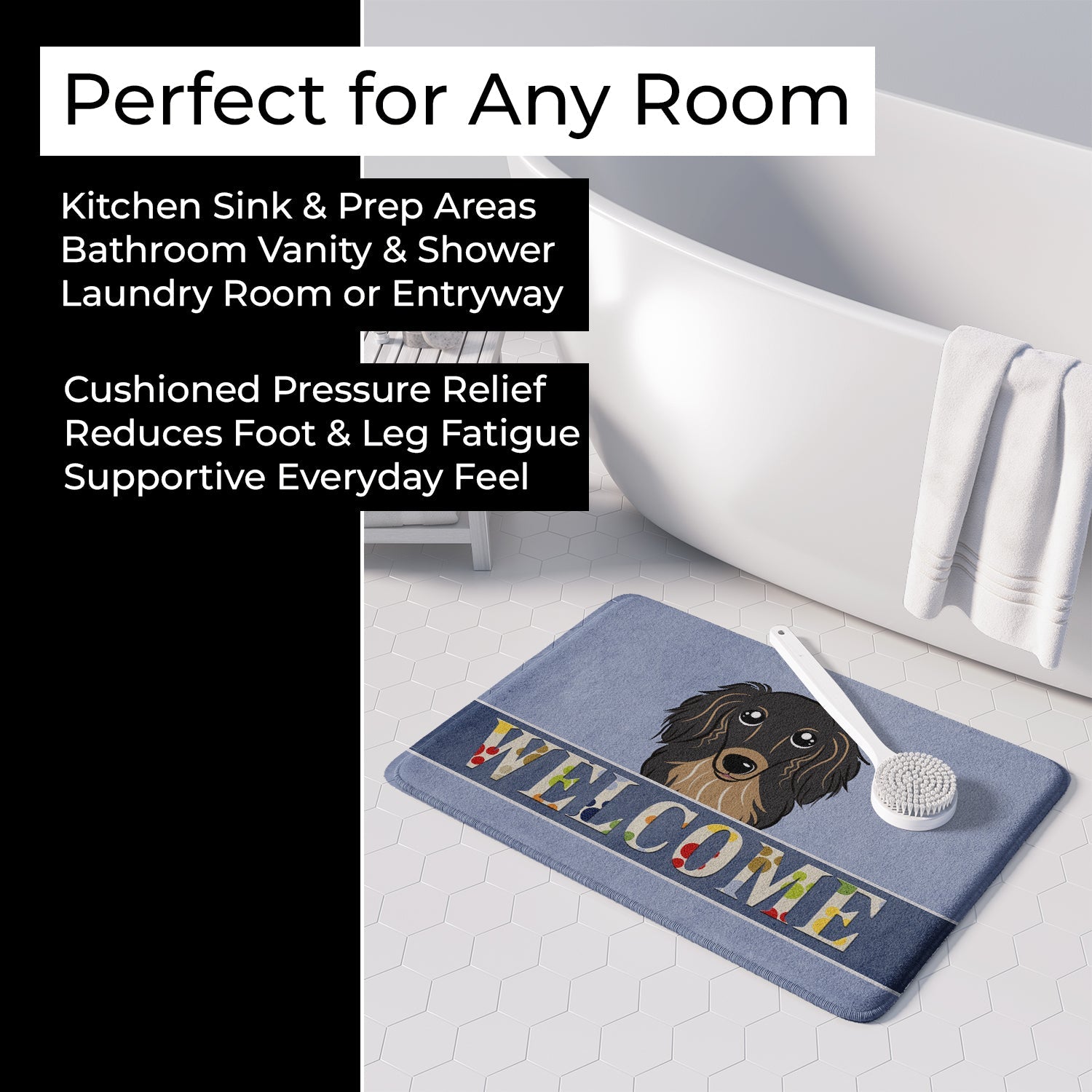Longhair Black and Tan Dachshund Welcome Memory Foam Kitchen Mat Machine Washable Anti-Fatigue Cushion Comfort Bath or Kitchen Rug