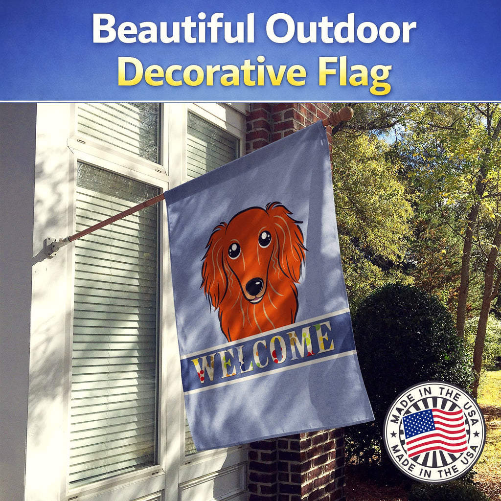 Longhair Red Dachshund Welcome House Flag 28x40 Porch Sleeve Pole Decorative Outside Yard Banner Artwork Wall Hanging, Polyester