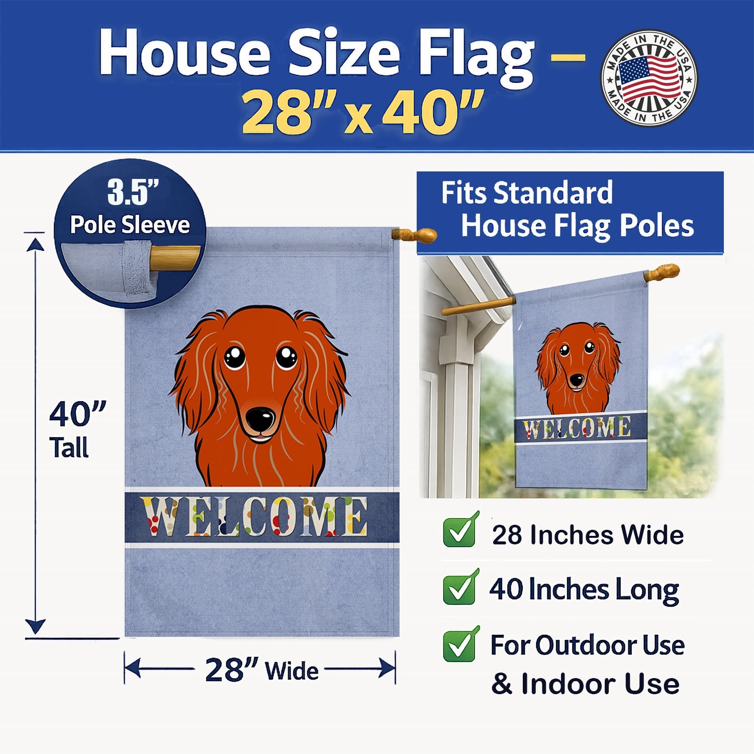 Longhair Red Dachshund Welcome House Flag 28x40 Porch Sleeve Pole Decorative Outside Yard Banner Artwork Wall Hanging, Polyester