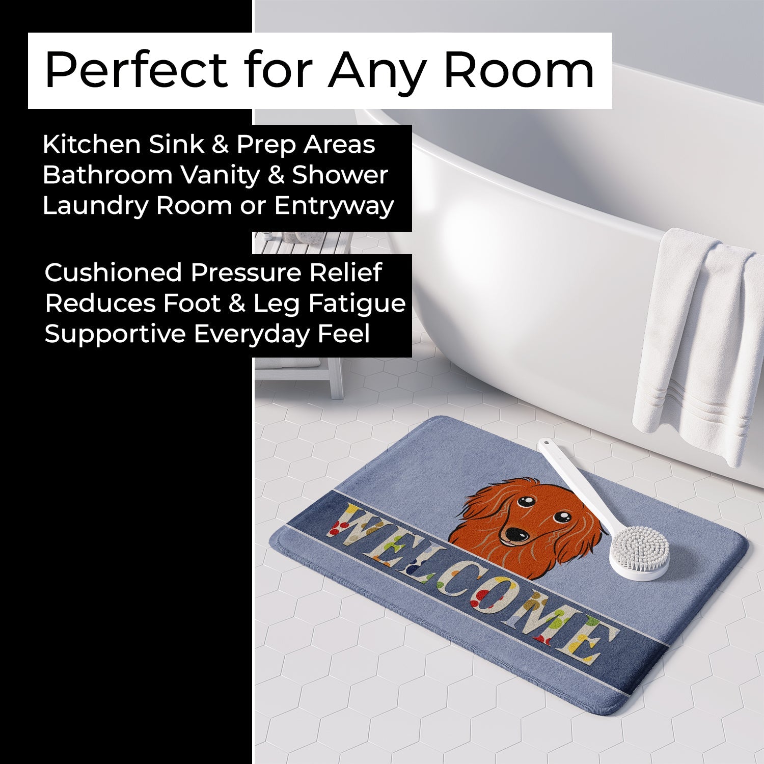 Longhair Red Dachshund Welcome Memory Foam Kitchen Mat Machine Washable Anti-Fatigue Cushion Comfort Bath or Kitchen Rug