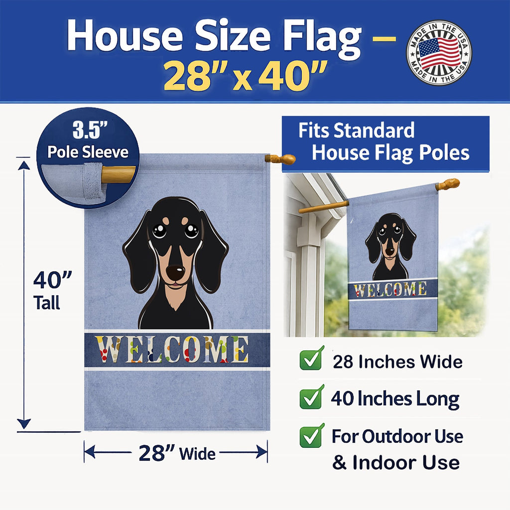 Smooth Black and Tan Dachshund Welcome House Flag 28x40 Porch Sleeve Pole Decorative Outside Yard Banner Artwork Wall Hanging, Polyester