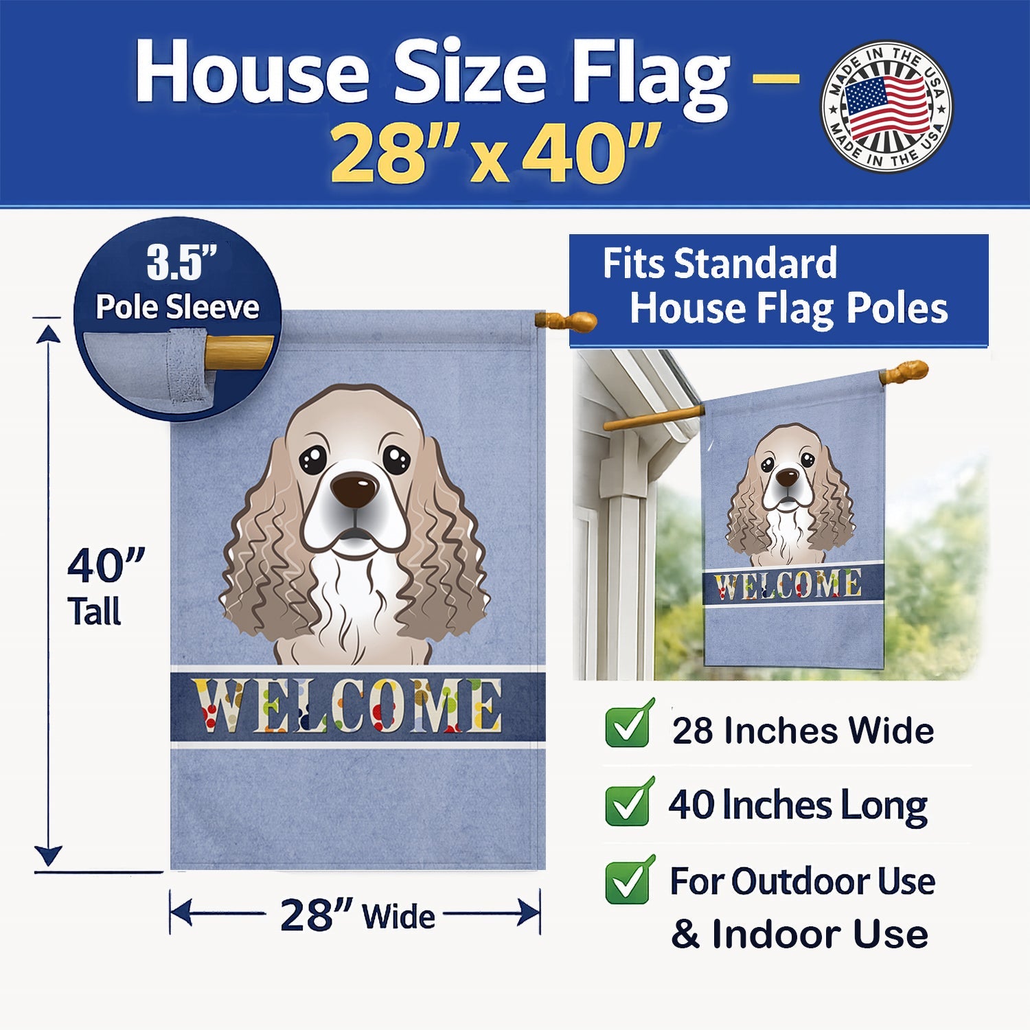 Cocker Spaniel Welcome House Flag 28x40 Porch Sleeve Pole Decorative Outside Yard Banner Artwork Wall Hanging, Polyester
