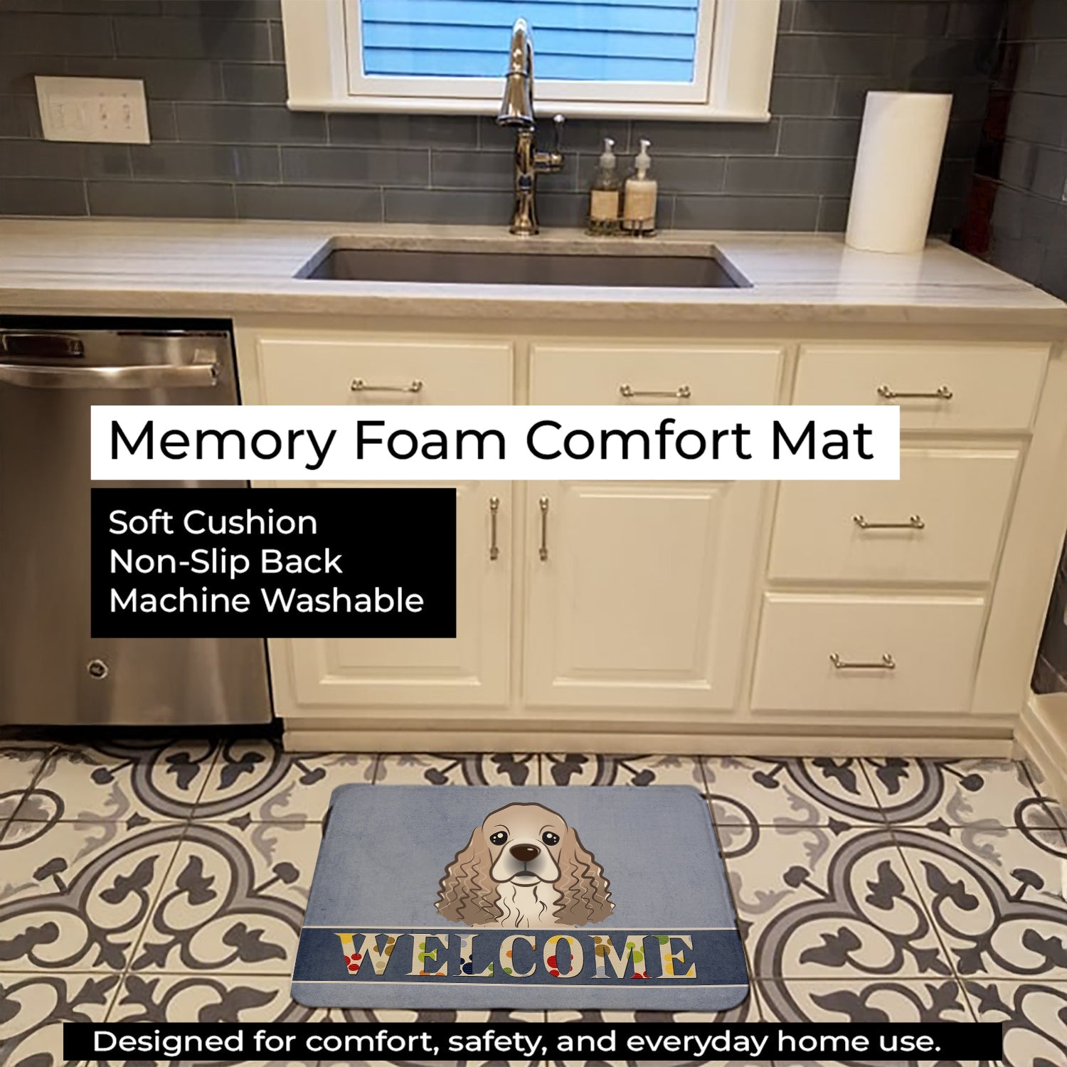 Cocker Spaniel Welcome Memory Foam Kitchen Mat Machine Washable Anti-Fatigue Cushion Comfort Bath or Kitchen Rug