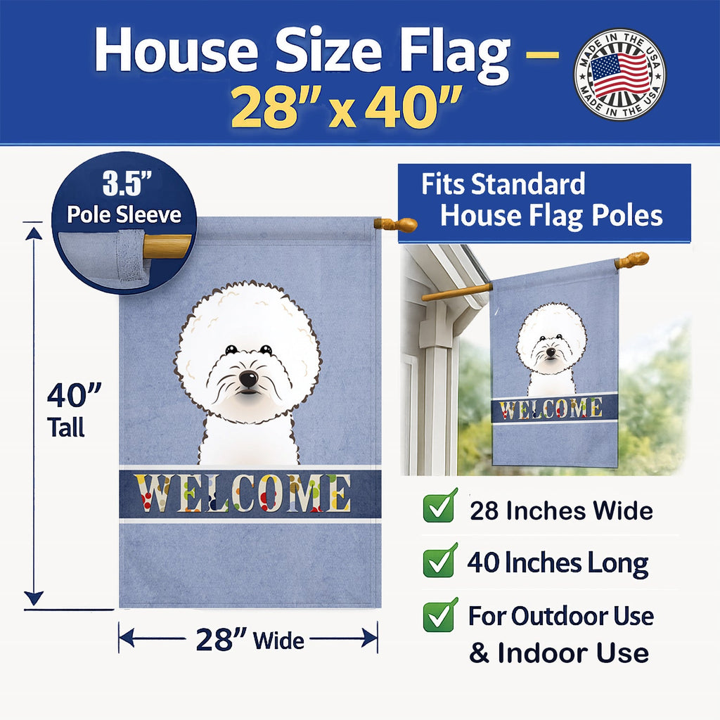 Bichon Frise Welcome House Flag 28x40 Porch Sleeve Pole Decorative Outside Yard Banner Artwork Wall Hanging, Polyester