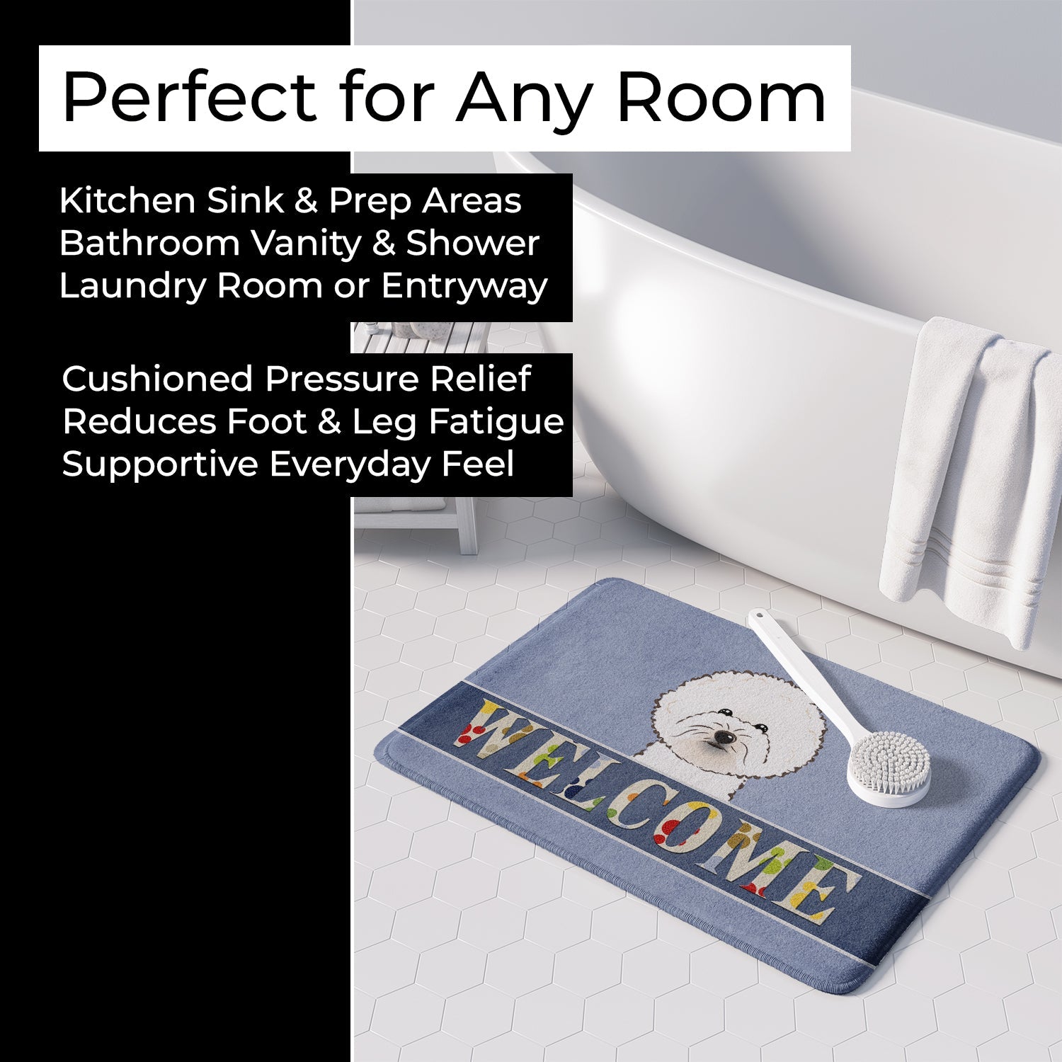Bichon Frise Welcome Memory Foam Kitchen Mat Machine Washable Anti-Fatigue Cushion Comfort Bath or Kitchen Rug