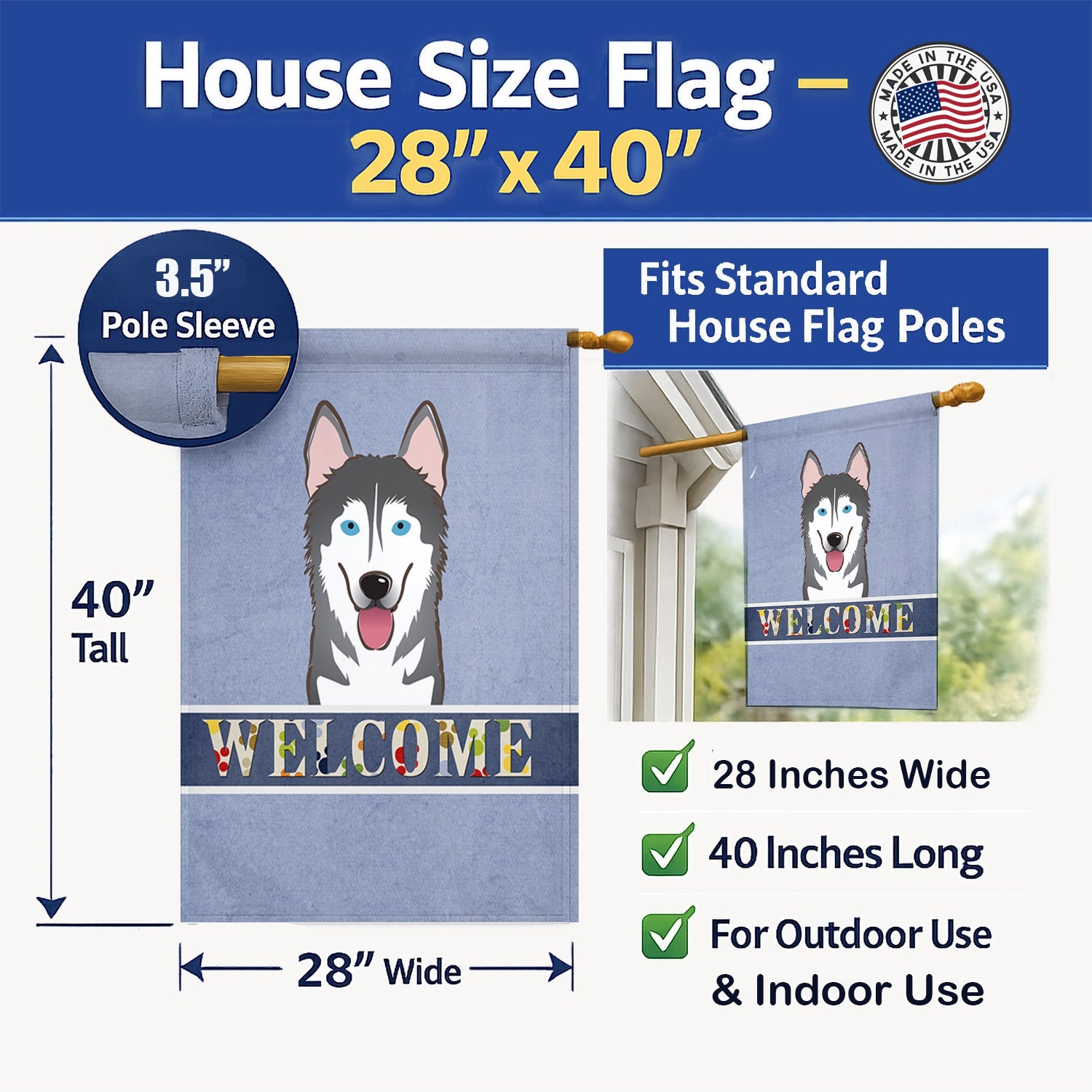 Alaskan Malamute Welcome House Flag 28x40 Porch Sleeve Pole Decorative Outside Yard Banner Artwork Wall Hanging, Polyester
