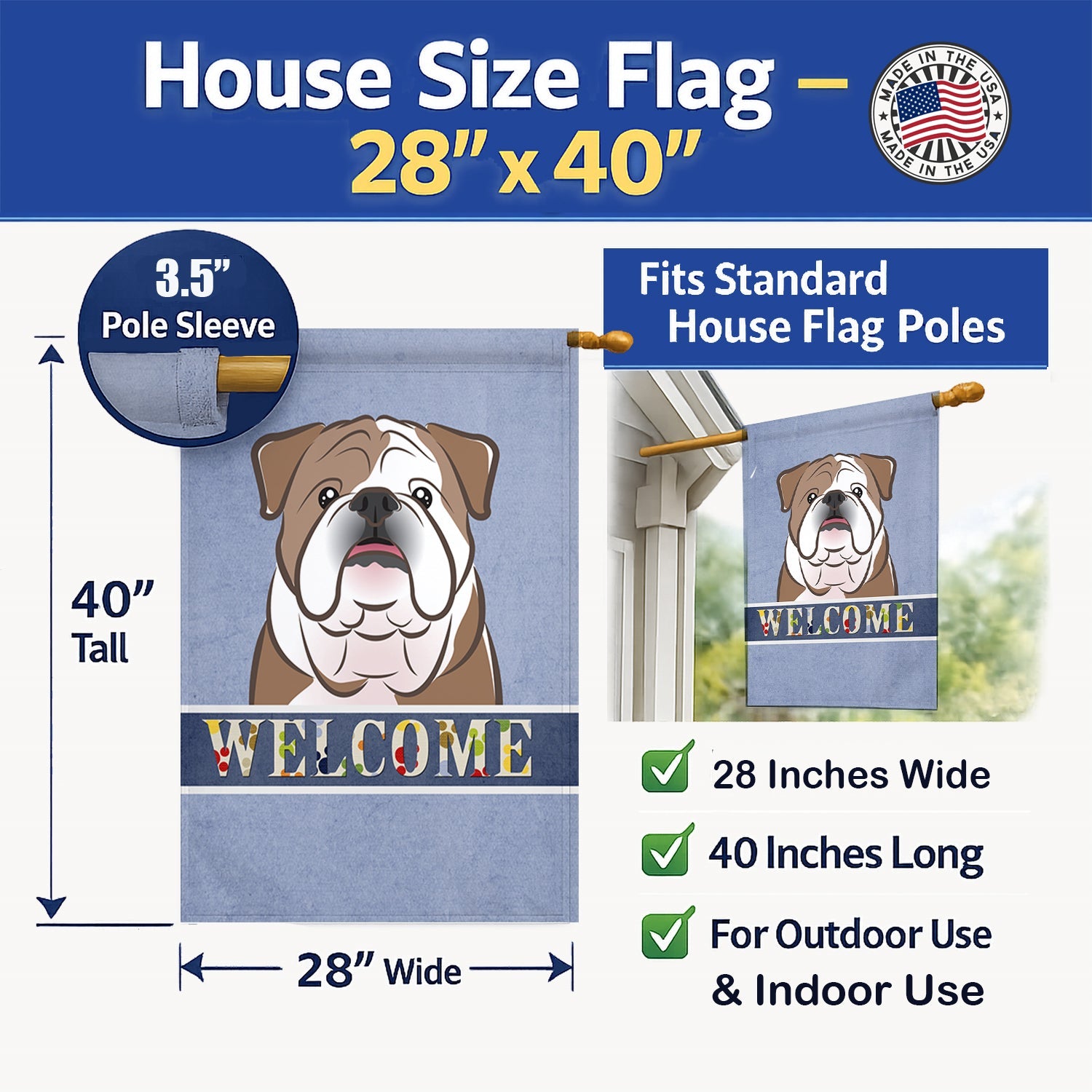 English Bulldog  Welcome House Flag 28x40 Porch Sleeve Pole Decorative Outside Yard Banner Artwork Wall Hanging, Polyester