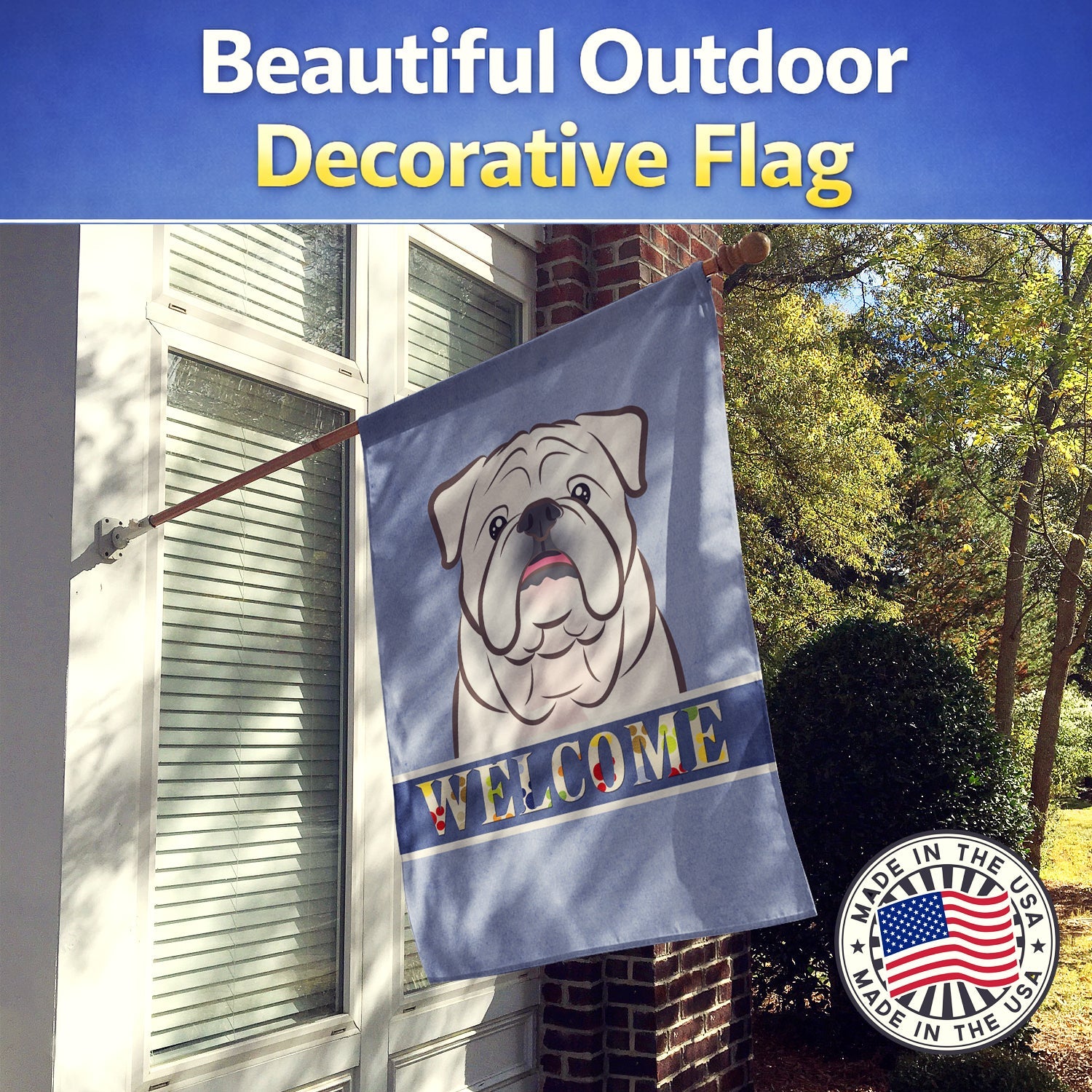 White English Bulldog  Welcome House Flag 28x40 Porch Sleeve Pole Decorative Outside Yard Banner Artwork Wall Hanging, Polyester