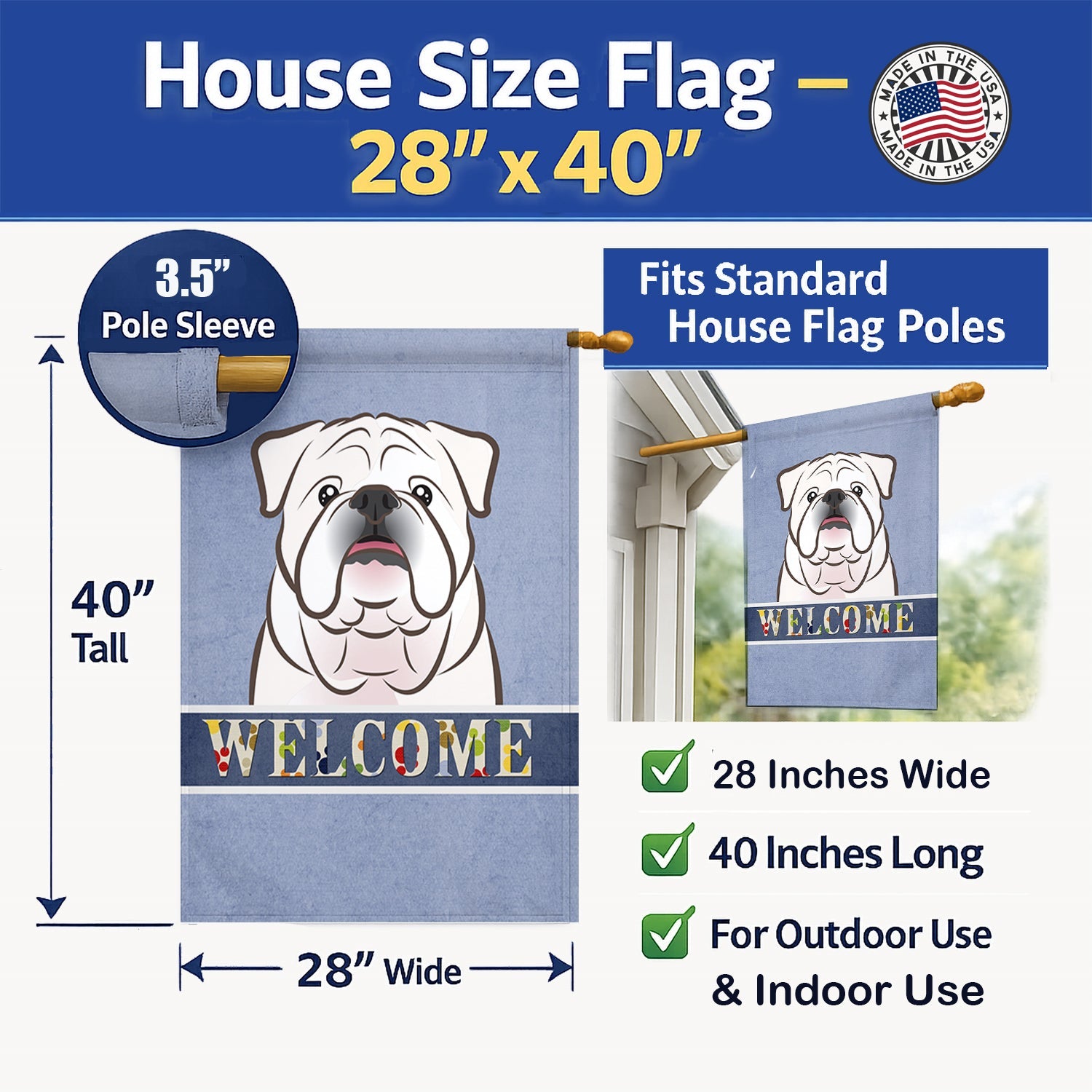 White English Bulldog  Welcome House Flag 28x40 Porch Sleeve Pole Decorative Outside Yard Banner Artwork Wall Hanging, Polyester