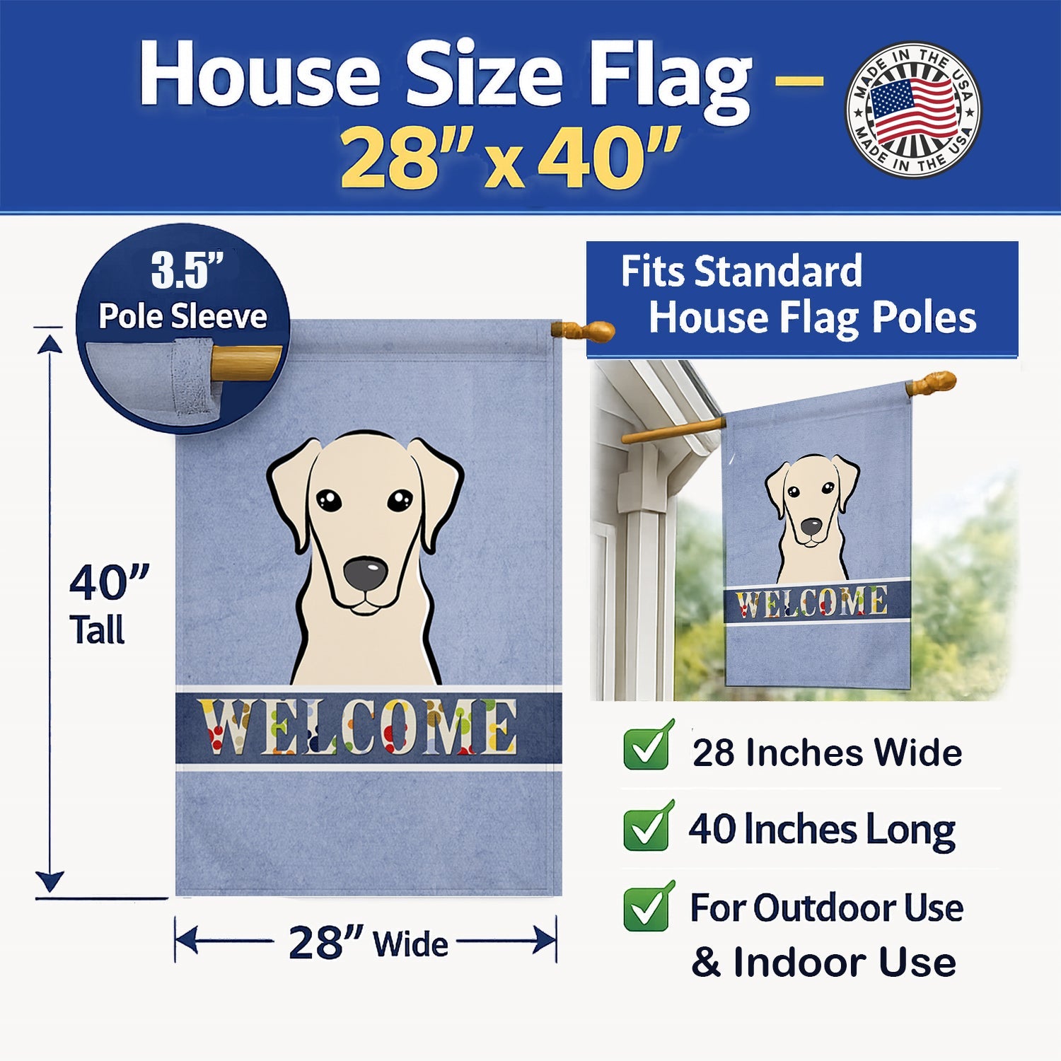 Yellow Labrador Welcome House Flag 28x40 Porch Sleeve Pole Decorative Outside Yard Banner Artwork Wall Hanging, Polyester