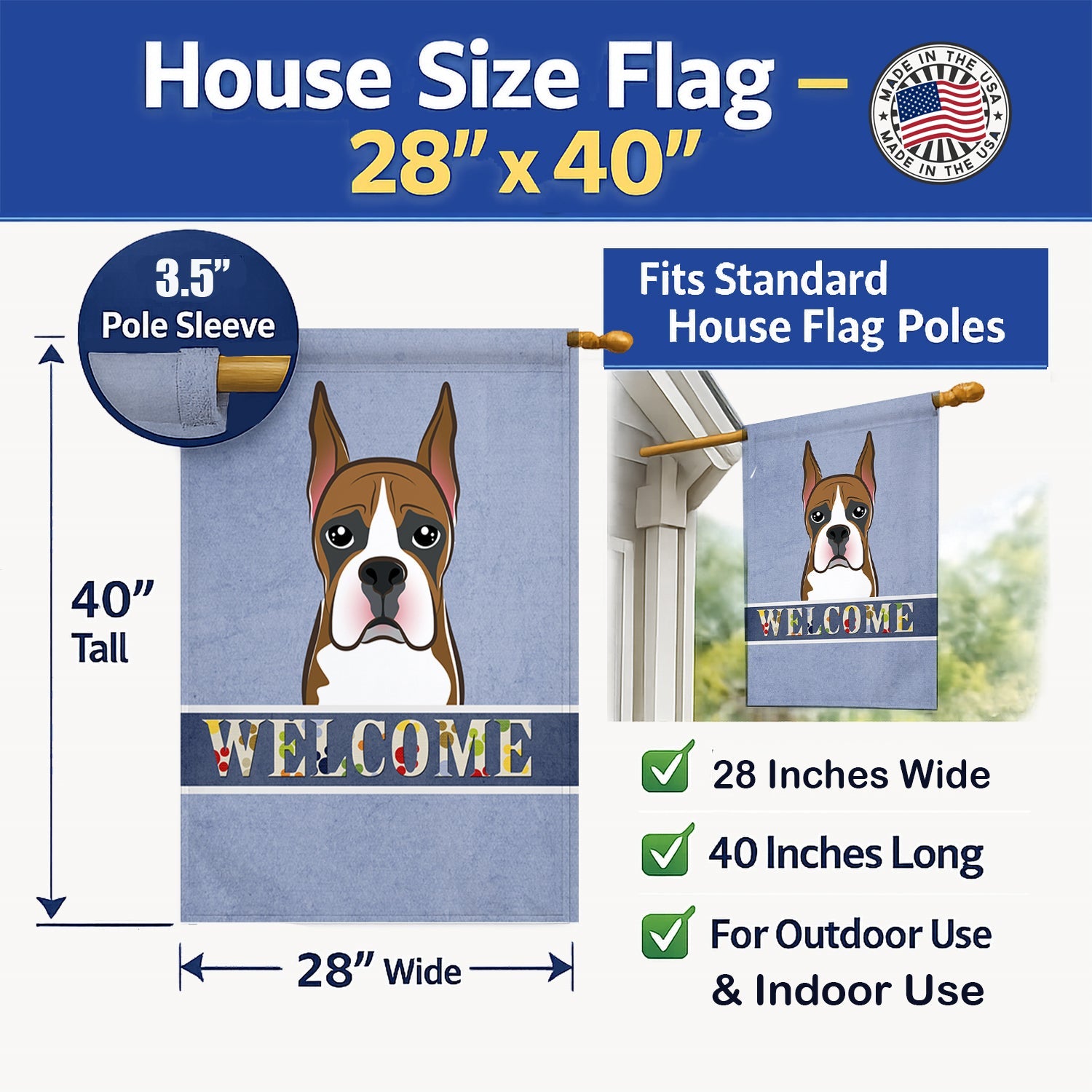 Boxer Welcome House Flag 28x40 Porch Sleeve Pole Decorative Outside Yard Banner Artwork Wall Hanging, Polyester