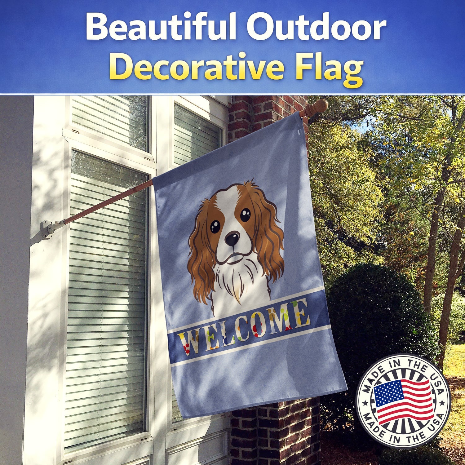 Cavalier Spaniel Welcome House Flag 28x40 Porch Sleeve Pole Decorative Outside Yard Banner Artwork Wall Hanging, Polyester