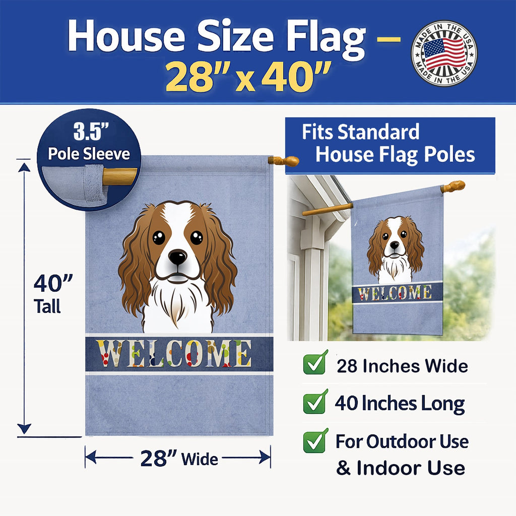 Cavalier Spaniel Welcome House Flag 28x40 Porch Sleeve Pole Decorative Outside Yard Banner Artwork Wall Hanging, Polyester