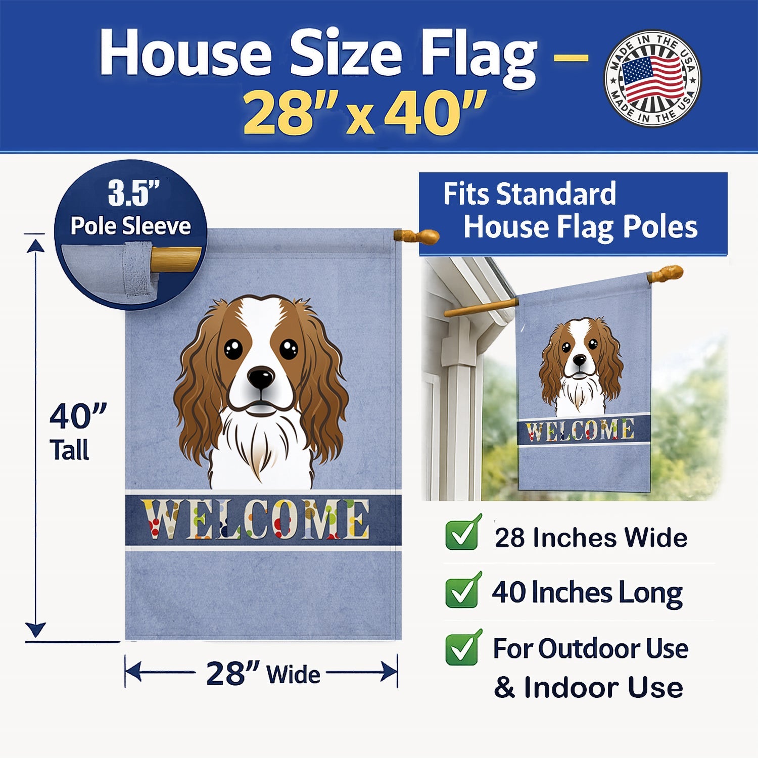 Cavalier Spaniel Welcome House Flag 28x40 Porch Sleeve Pole Decorative Outside Yard Banner Artwork Wall Hanging, Polyester