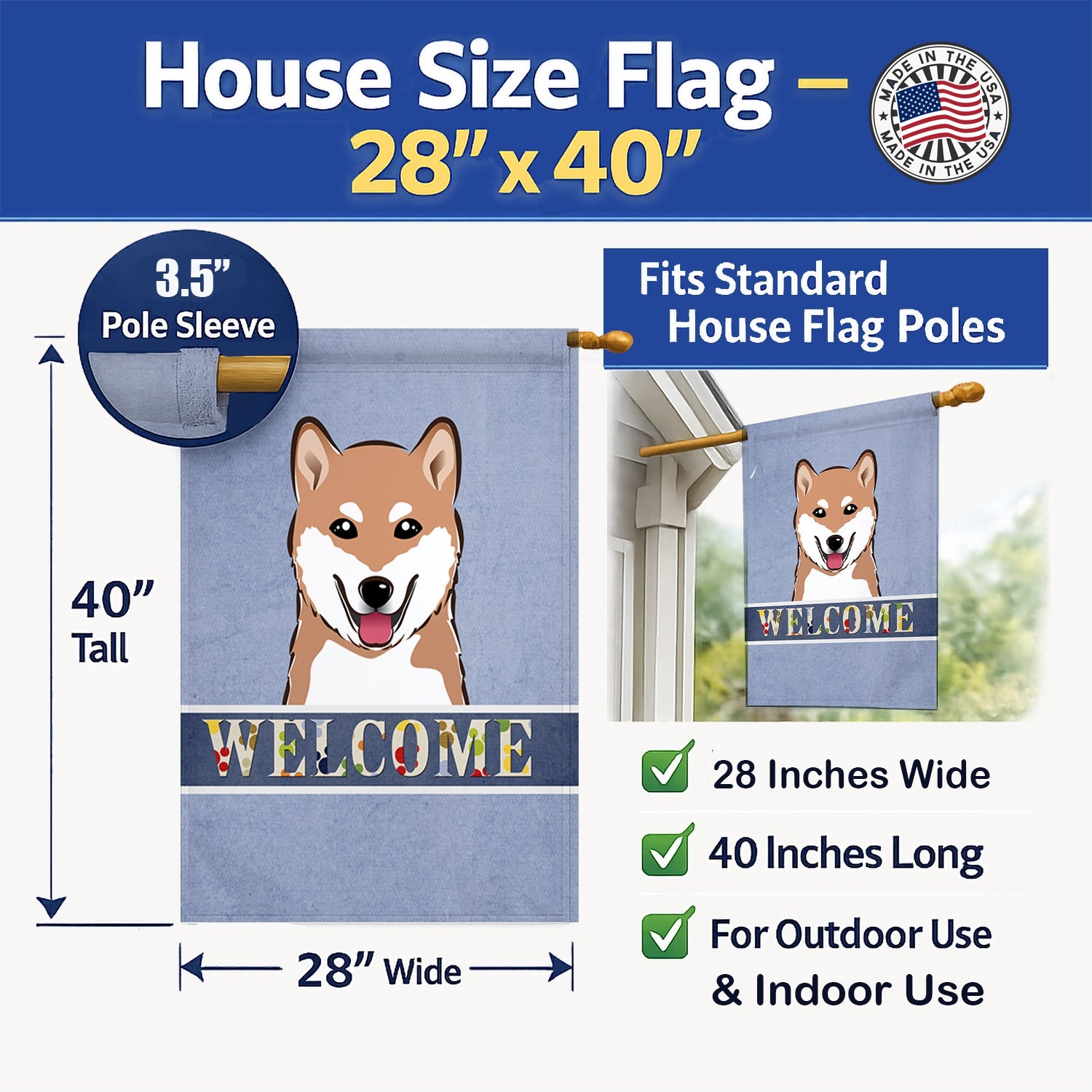 Shiba Inu Welcome House Flag 28x40 Porch Sleeve Pole Decorative Outside Yard Banner Artwork Wall Hanging, Polyester