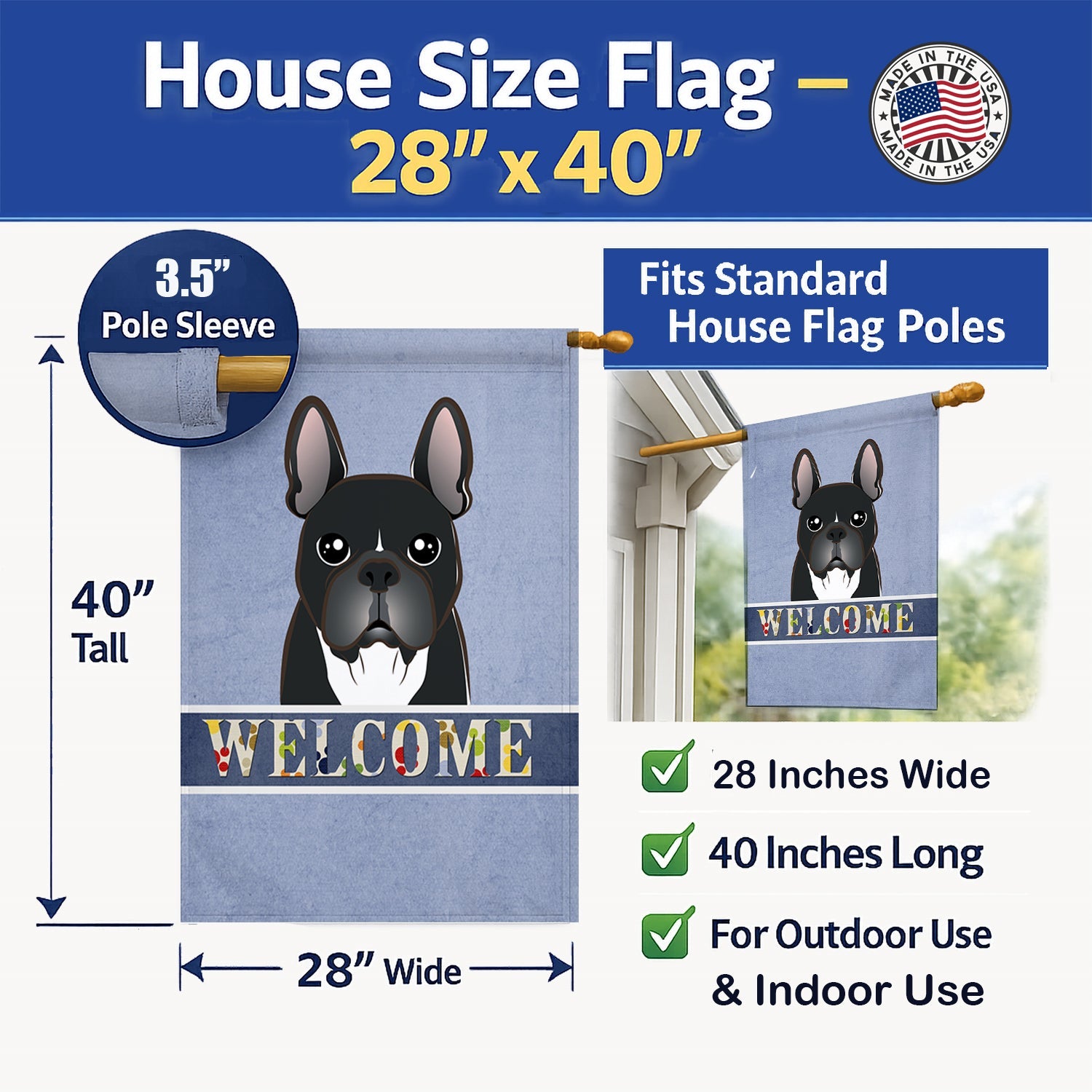 French Bulldog Welcome House Flag 28x40 Porch Sleeve Pole Decorative Outside Yard Banner Artwork Wall Hanging, Polyester