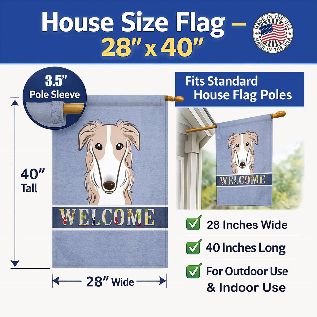 Borzoi Welcome House Flag 28x40 Porch Sleeve Pole Decorative Outside Yard Banner Artwork Wall Hanging, Polyester