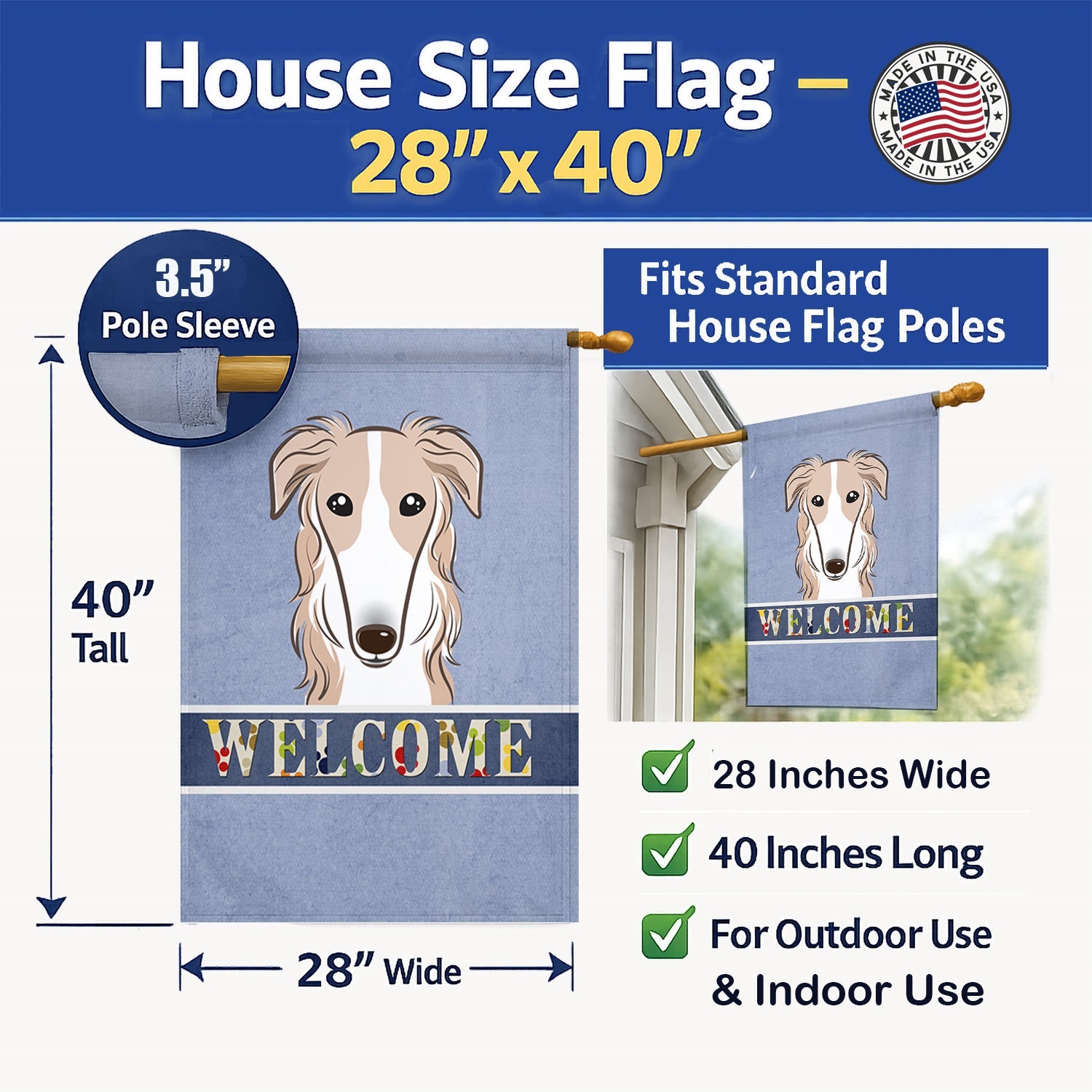Borzoi Welcome House Flag 28x40 Porch Sleeve Pole Decorative Outside Yard Banner Artwork Wall Hanging, Polyester
